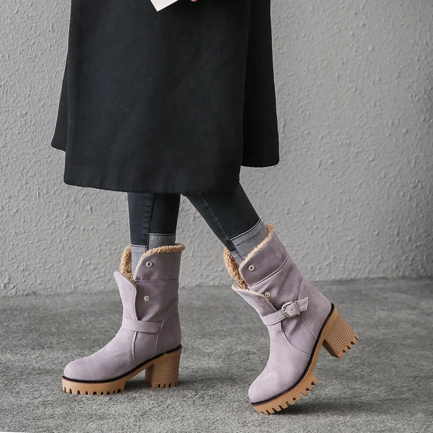 Gicoiz Women Chunky Heels Platform Shearling Snow Boots Outdoor