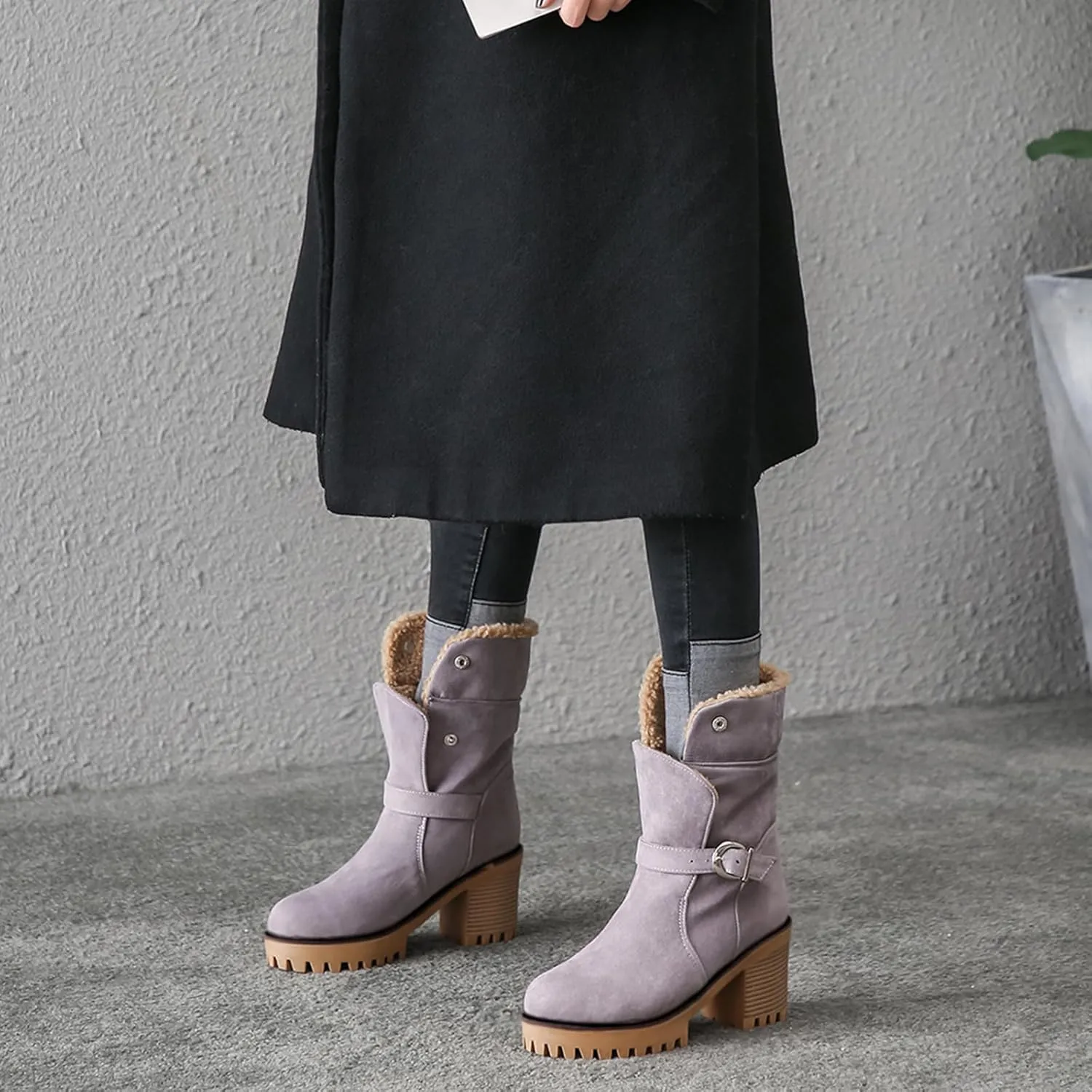 Gicoiz Women Chunky Heels Platform Shearling Snow Boots Outdoor