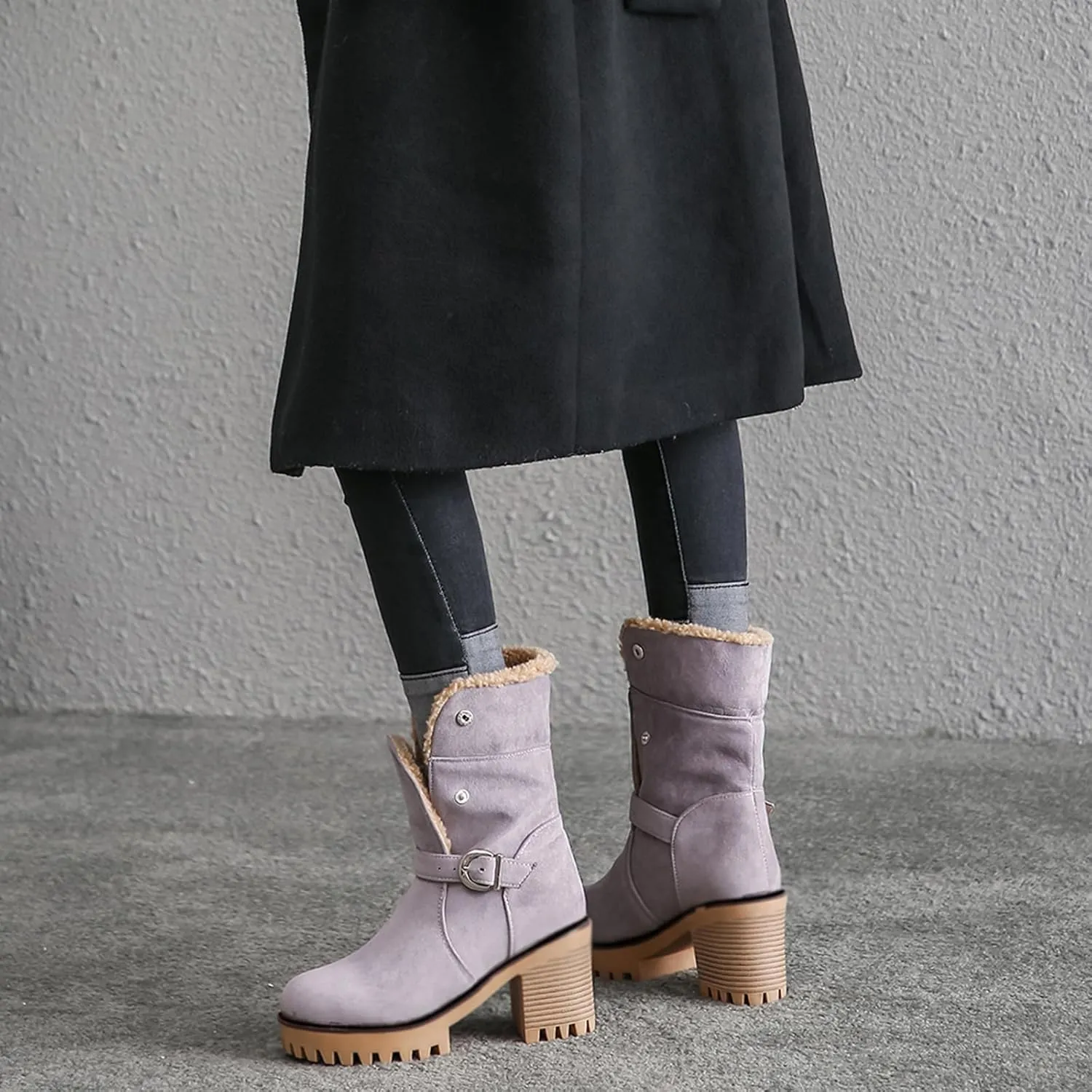 Gicoiz Women Chunky Heels Platform Shearling Snow Boots Outdoor