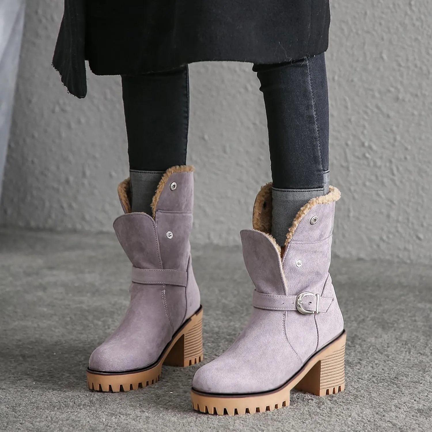 Gicoiz Women Chunky Heels Platform Shearling Snow Boots Outdoor