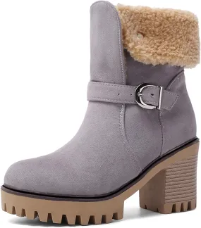 Gicoiz Women Chunky Heels Platform Shearling Snow Boots Outdoor
