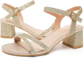 kkdom Women's Open Toe Ankle Strap Glitter Sandals Pumps Low Block Chunky Heels Wedding Dress Shoes