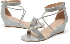 kkdom Women's Open Toe Ankle Strap Zipper Glitter Bling Sandals Pumps Low Block Chunky Heels Dress Sparkle Shoes