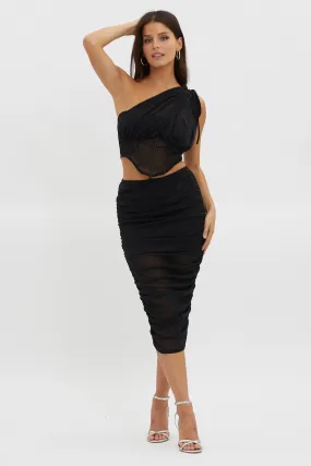 Maddisan Ruched Glitter Mesh Midi Skirt Black