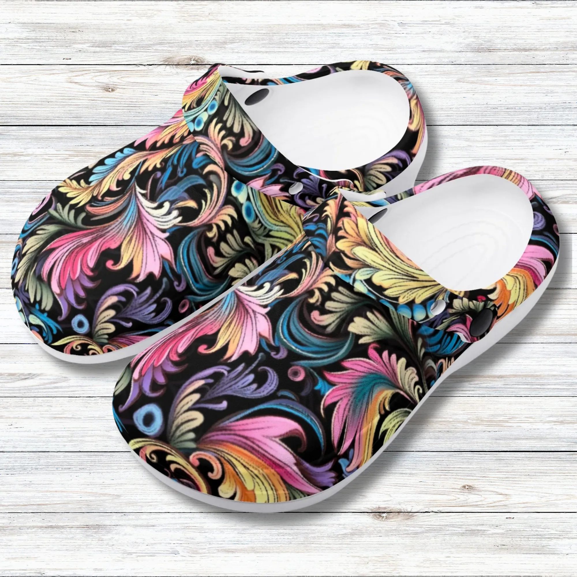 Muted Rainbow Demask Design Casual Lightweight Slip On Nurse Style Clogs