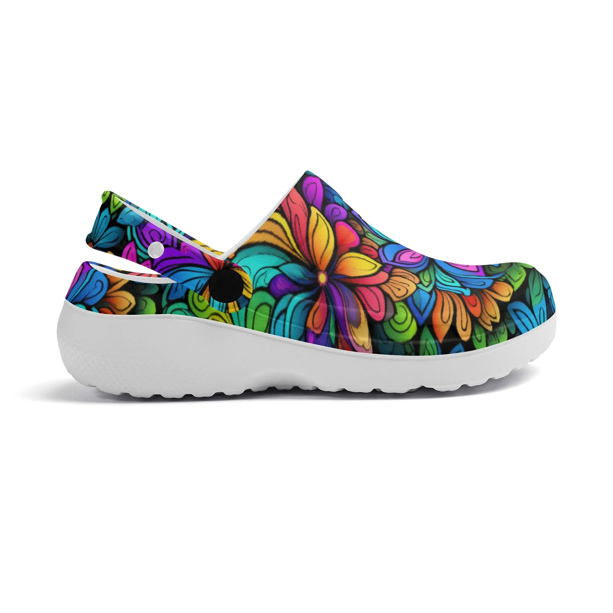 Neon Rainbow Tropical Flowers Design Casual Lightweight Slip On Nurse Style Clogs