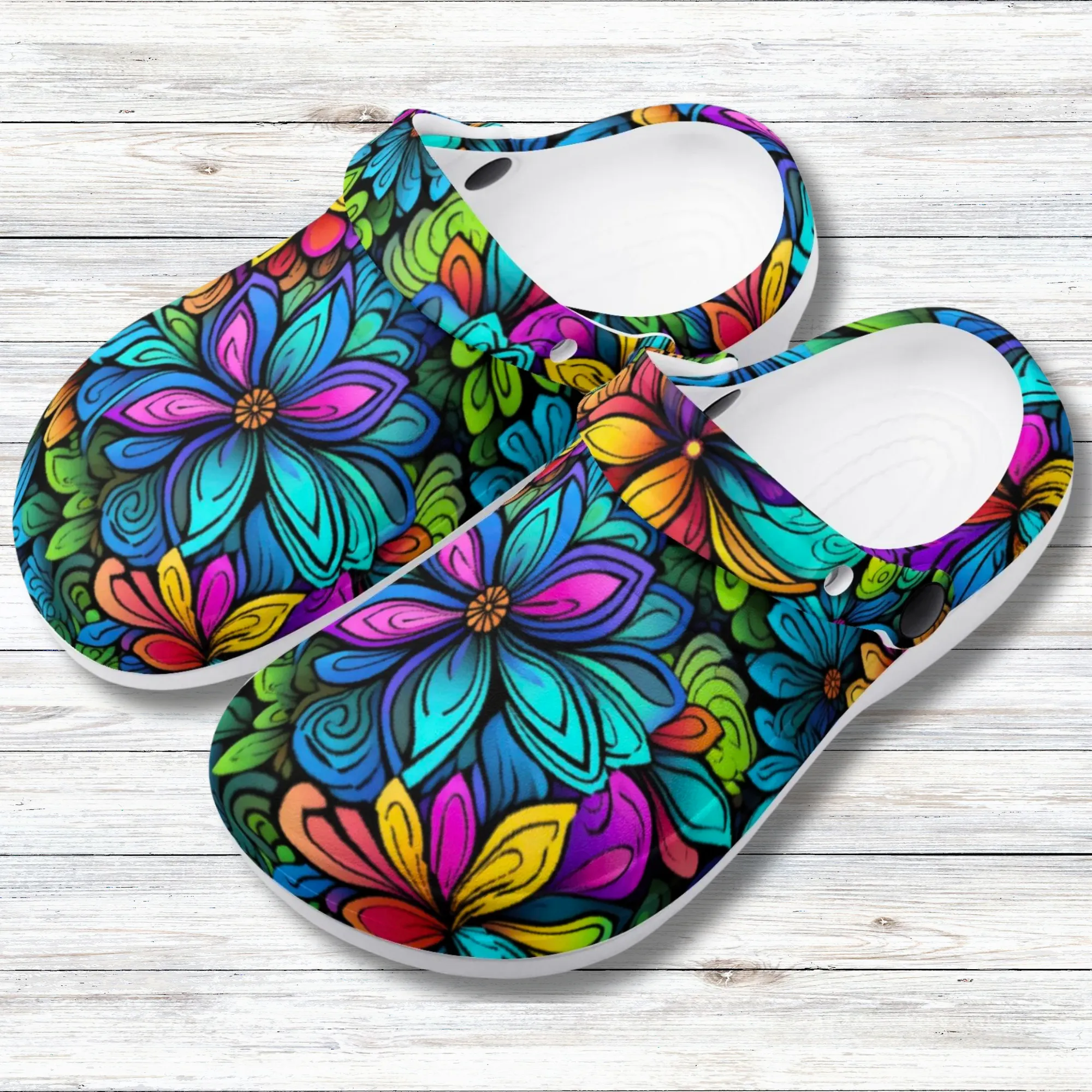 Neon Rainbow Tropical Flowers Design Casual Lightweight Slip On Nurse Style Clogs