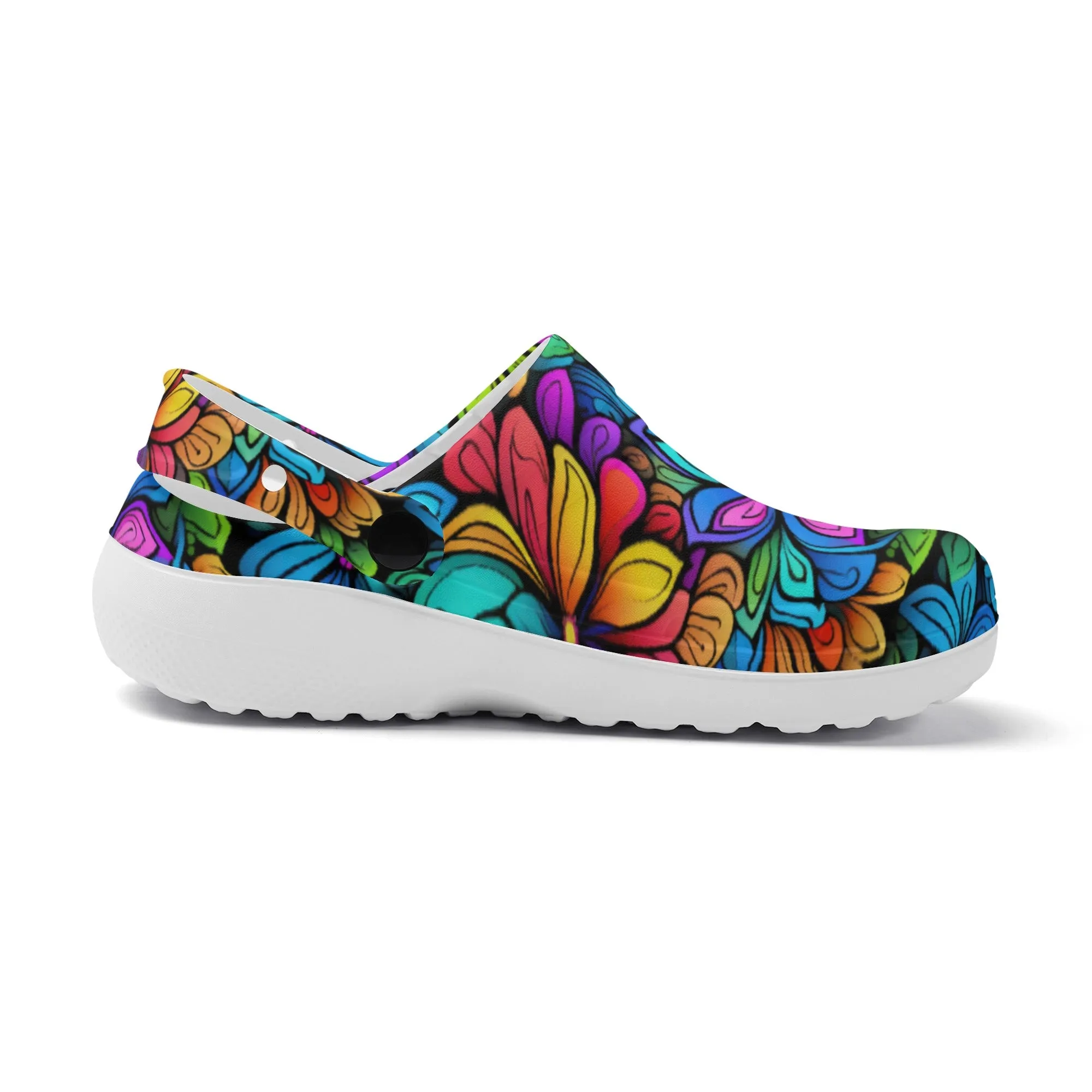 Neon Rainbow Tropical Flowers Design Casual Lightweight Slip On Nurse Style Clogs
