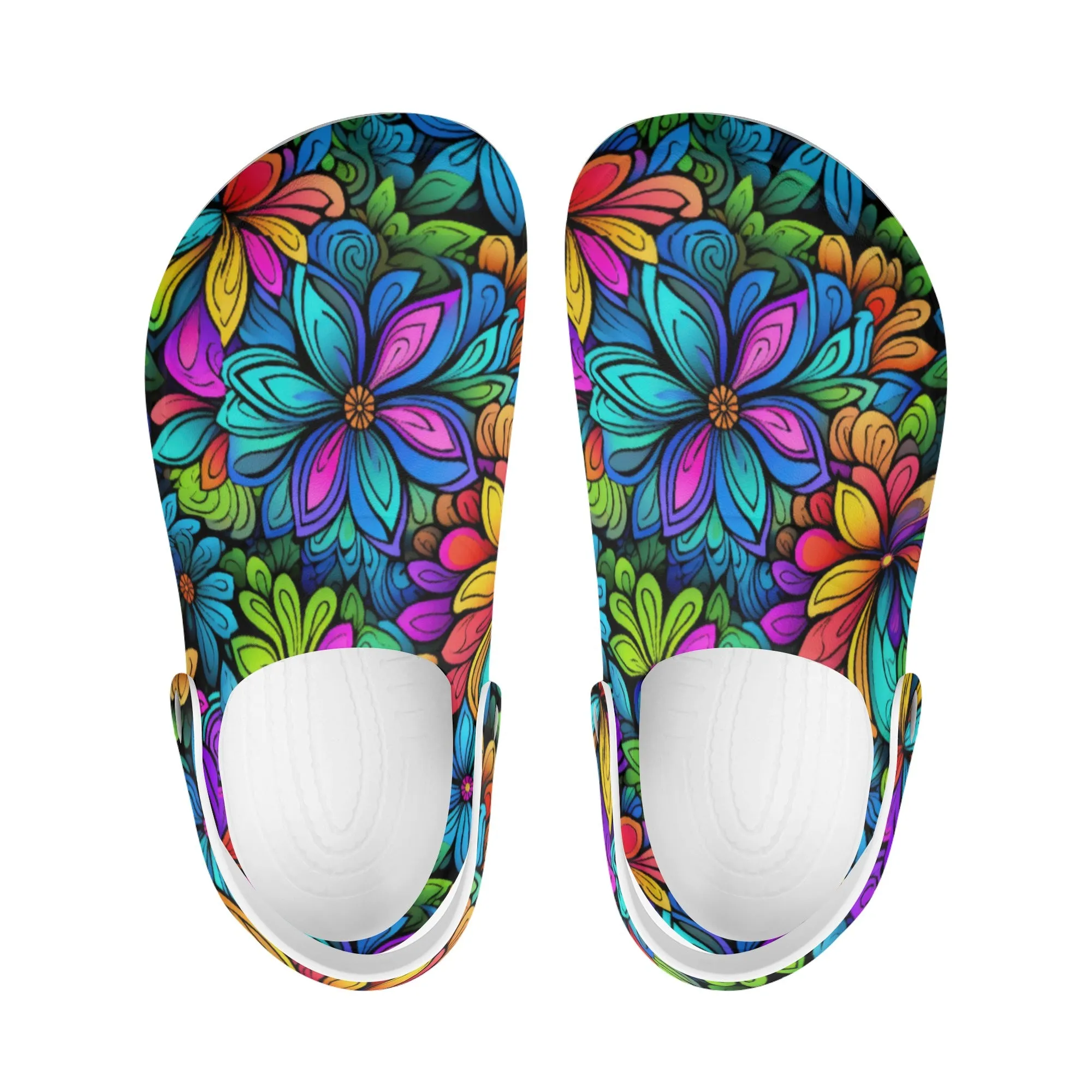 Neon Rainbow Tropical Flowers Design Casual Lightweight Slip On Nurse Style Clogs