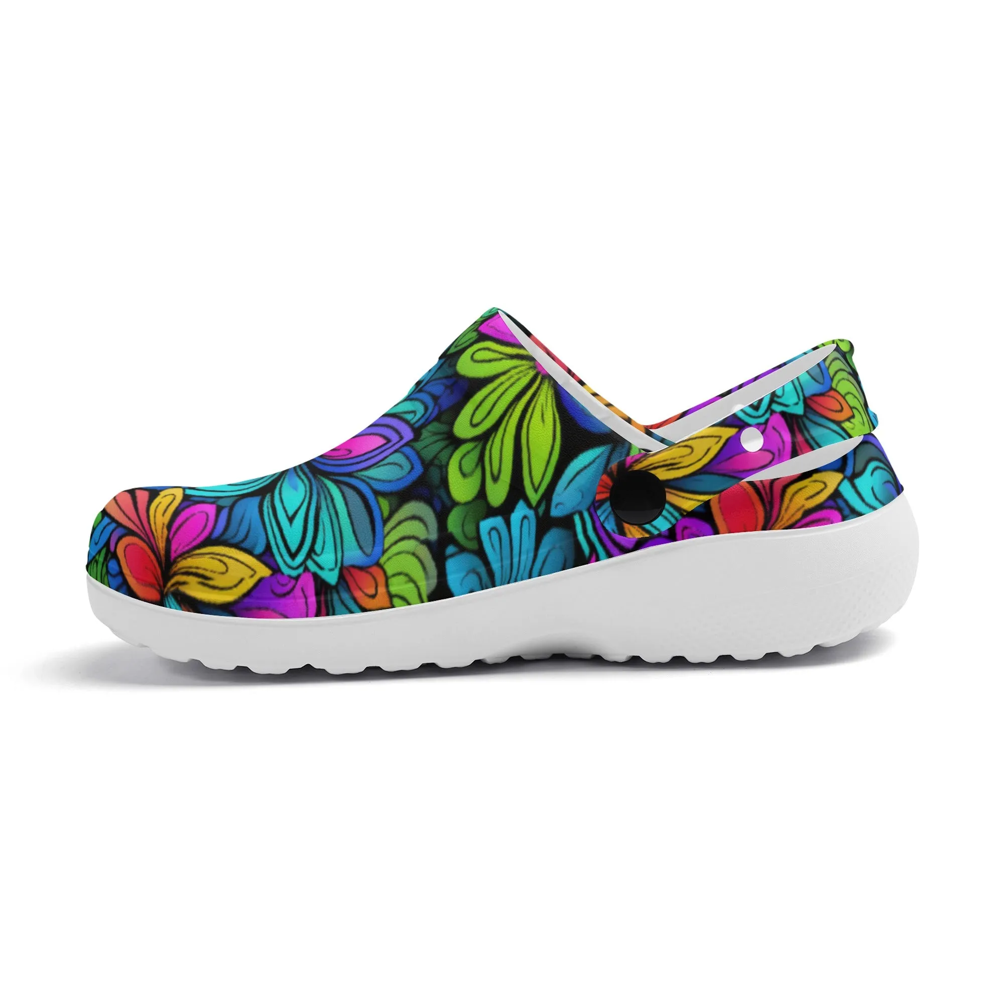 Neon Rainbow Tropical Flowers Design Casual Lightweight Slip On Nurse Style Clogs