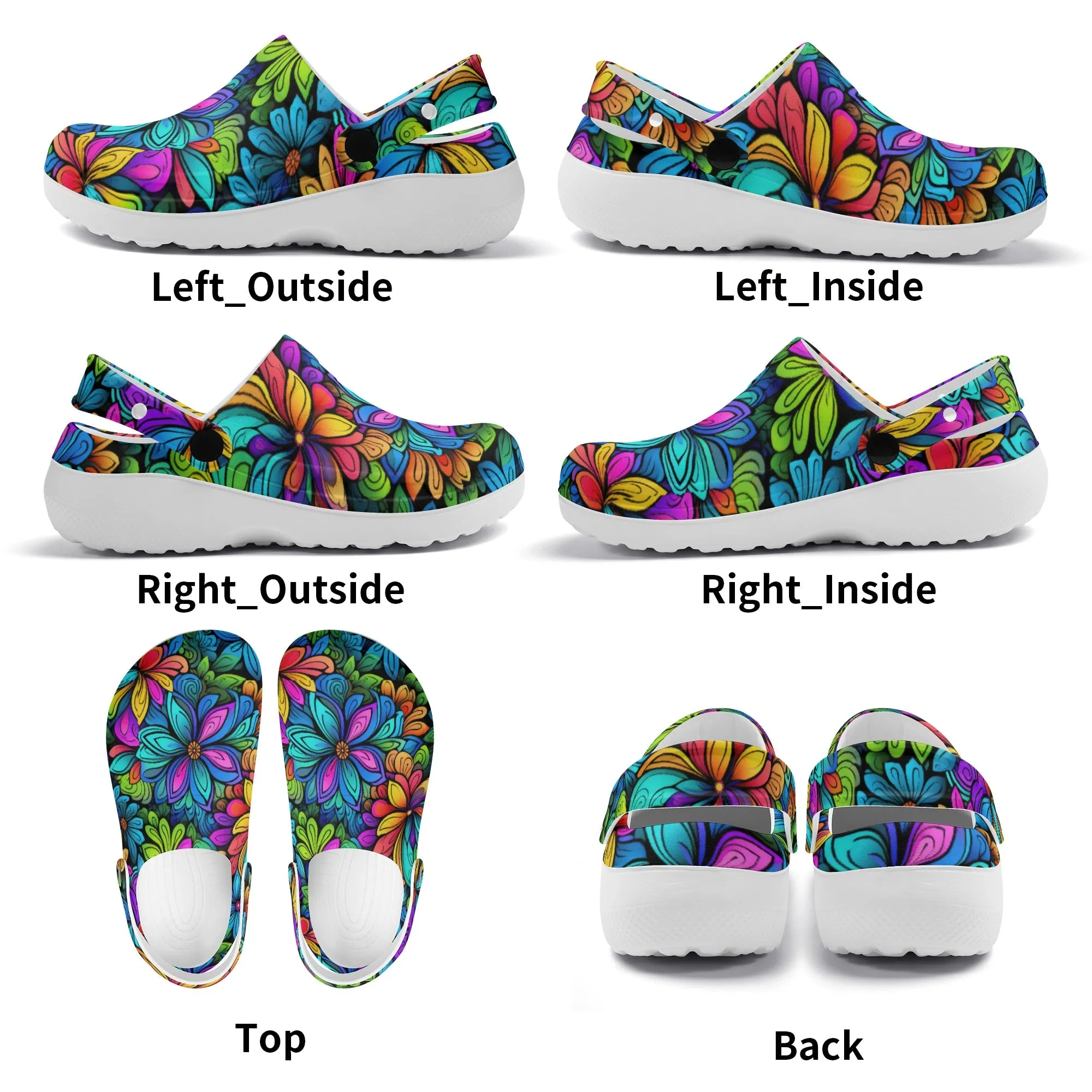 Neon Rainbow Tropical Flowers Design Casual Lightweight Slip On Nurse Style Clogs