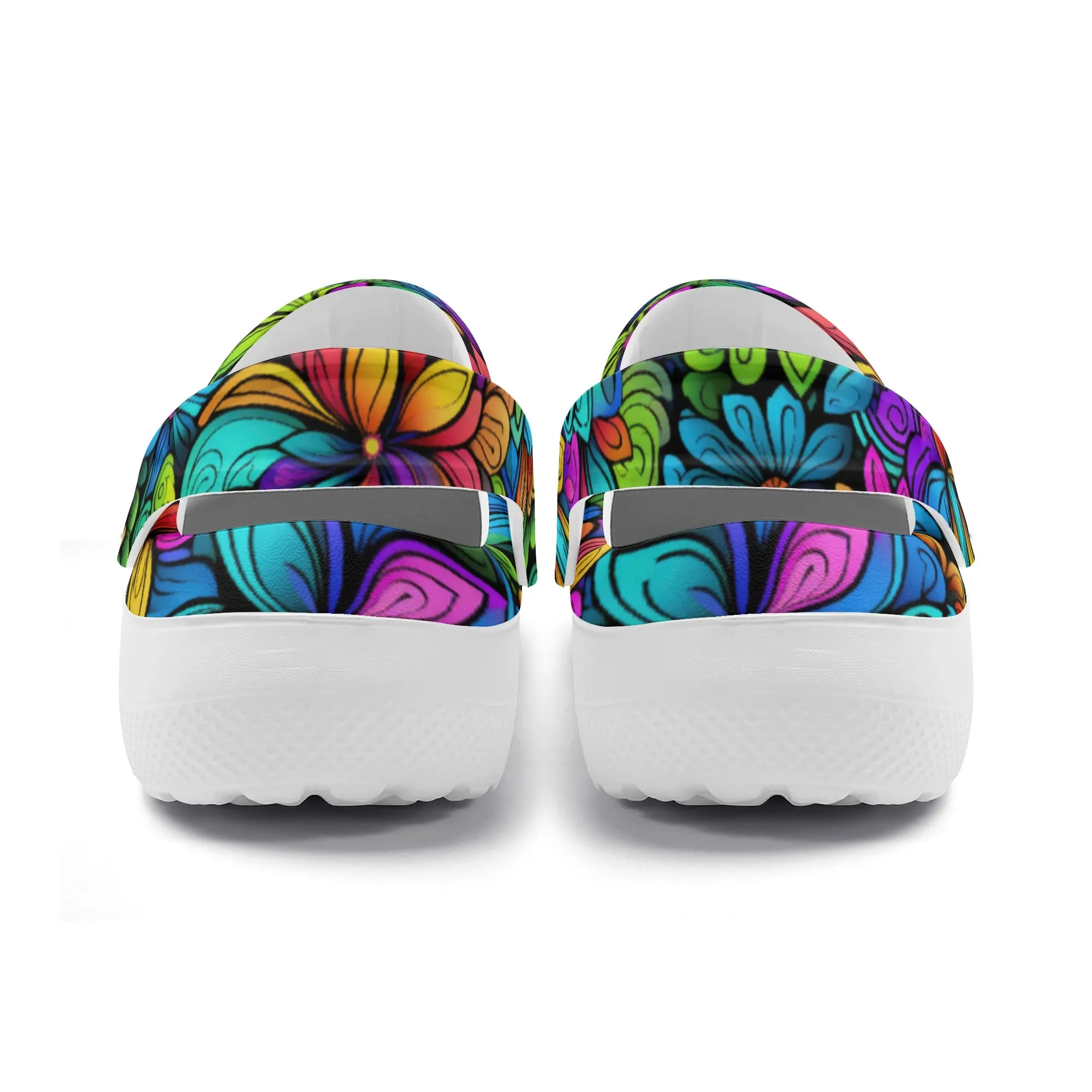 Neon Rainbow Tropical Flowers Design Casual Lightweight Slip On Nurse Style Clogs