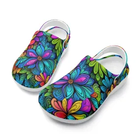 Neon Rainbow Tropical Flowers Design Casual Lightweight Slip On Nurse Style Clogs
