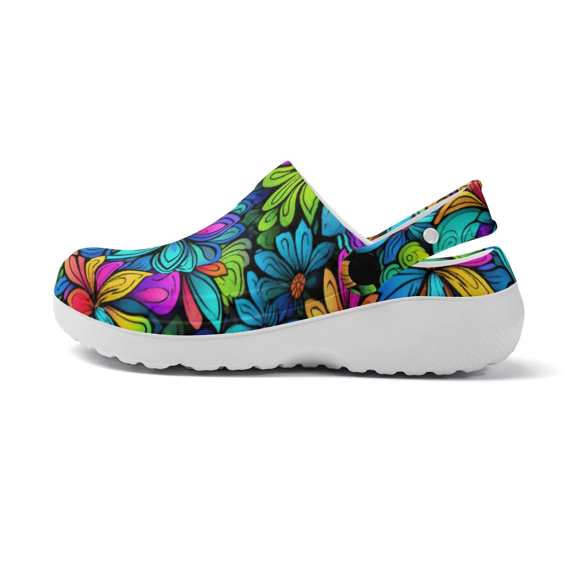Neon Rainbow Tropical Flowers Design Casual Lightweight Slip On Nurse Style Clogs