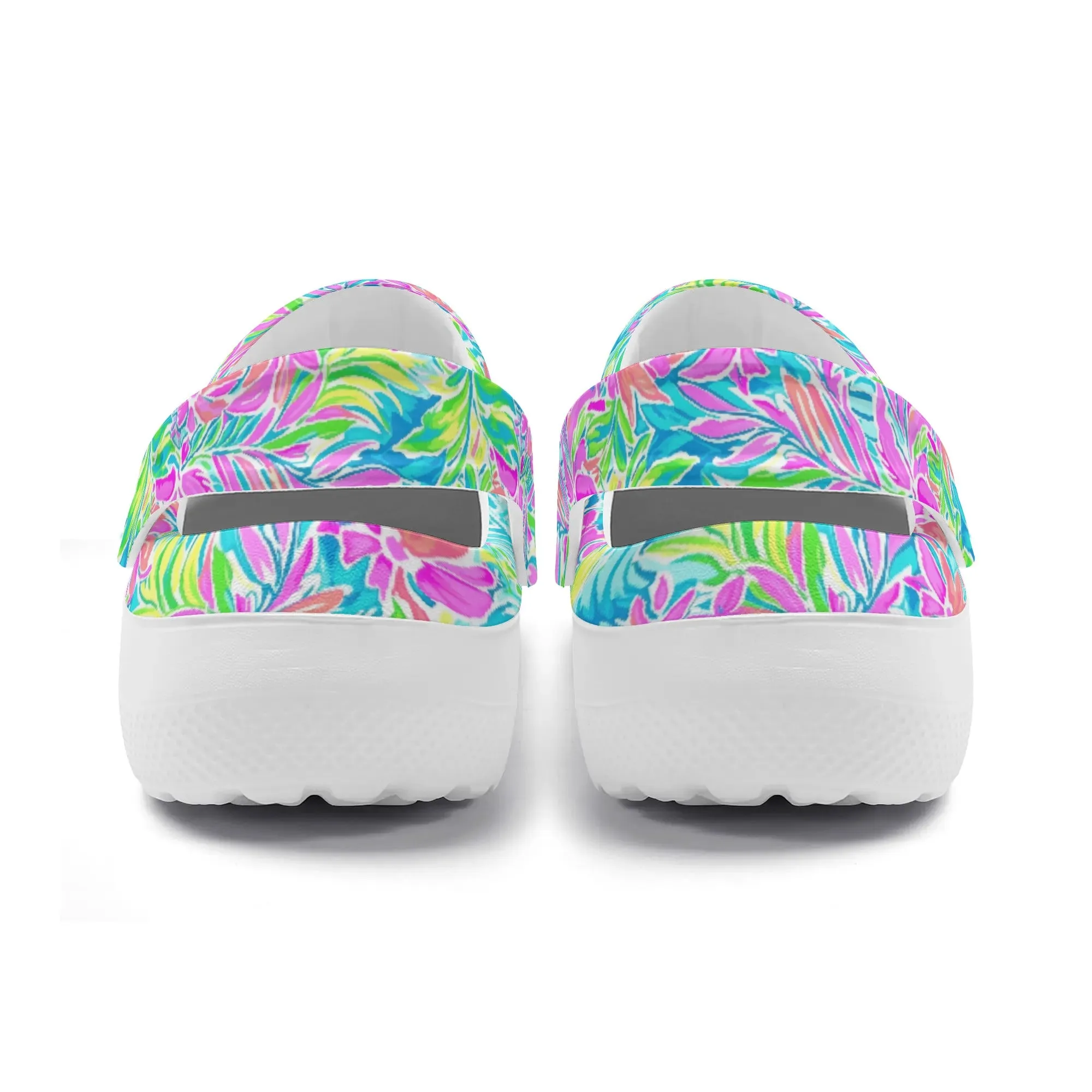 Neon Tropics: Vibrant Rainbow Flowers and Palm Leaves in Electric Splendor Casual Lightweight Slip On Nurse Style Clogs