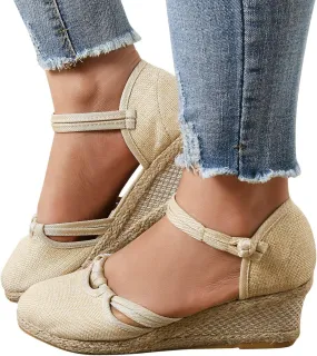 Ohxixhia Platform Sandals for Women Dressy, Espadrilles Button Ankle Strap Closed Toe Wedges Platform Sandal, Beach Sandals