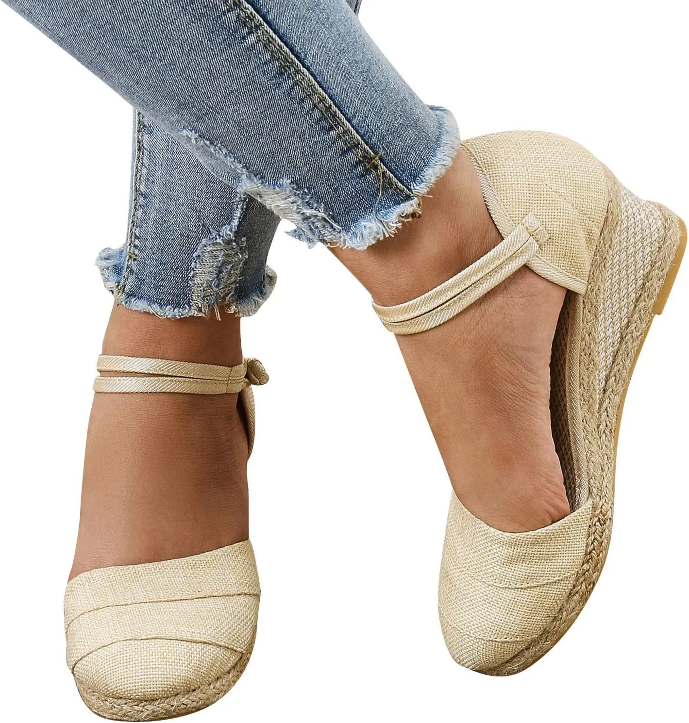Ohxixhia Platform Sandals for Women Dressy, Espadrilles Button Ankle Strap Closed Toe Wedges Platform Sandal, Beach Sandals