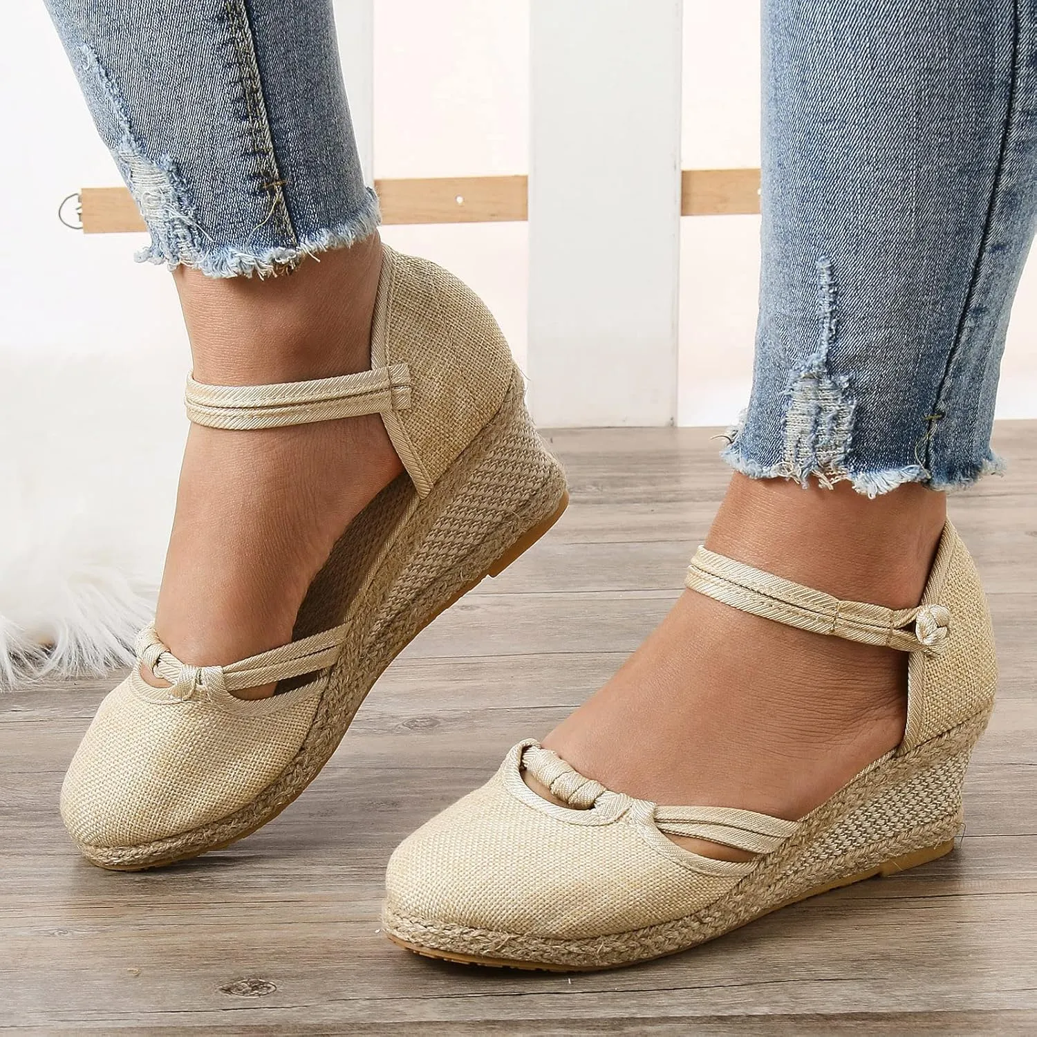 Ohxixhia Platform Sandals for Women Dressy, Espadrilles Button Ankle Strap Closed Toe Wedges Platform Sandal, Beach Sandals