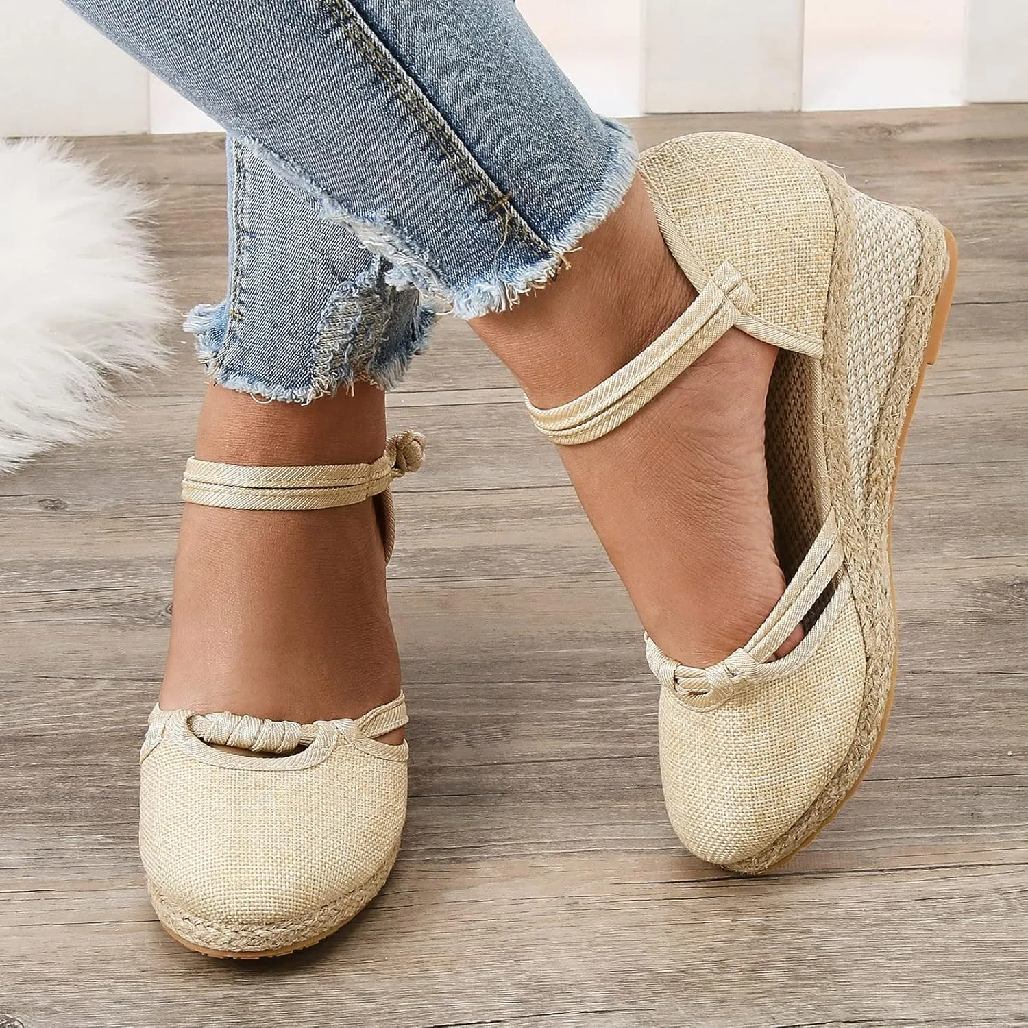 Ohxixhia Platform Sandals for Women Dressy, Espadrilles Button Ankle Strap Closed Toe Wedges Platform Sandal, Beach Sandals