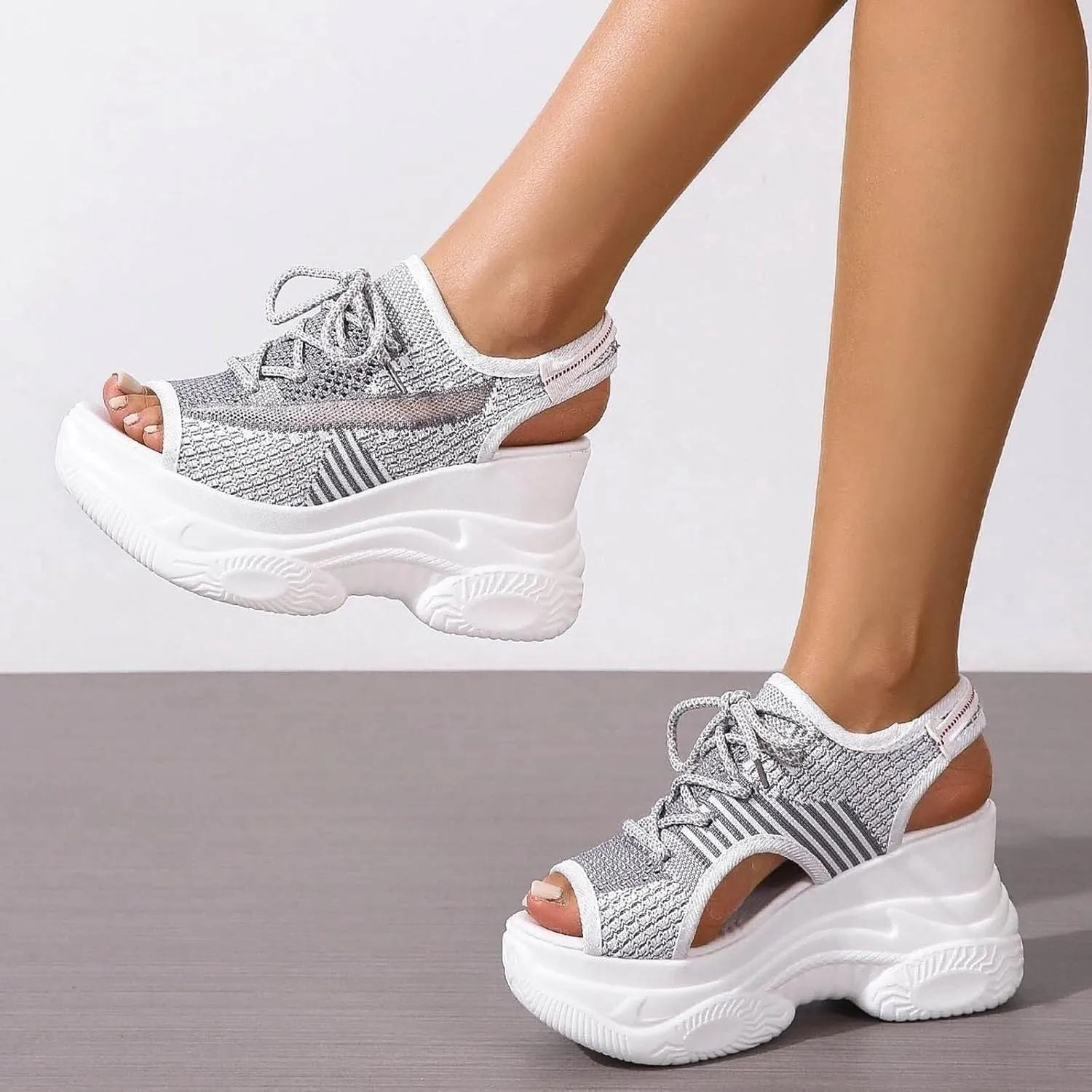 Paneled Cutout Lace-Up Muffin Sandals for Women Summer Peep Toe Platform Sandals Mesh Wedges Causal Comfy Sports Sandals