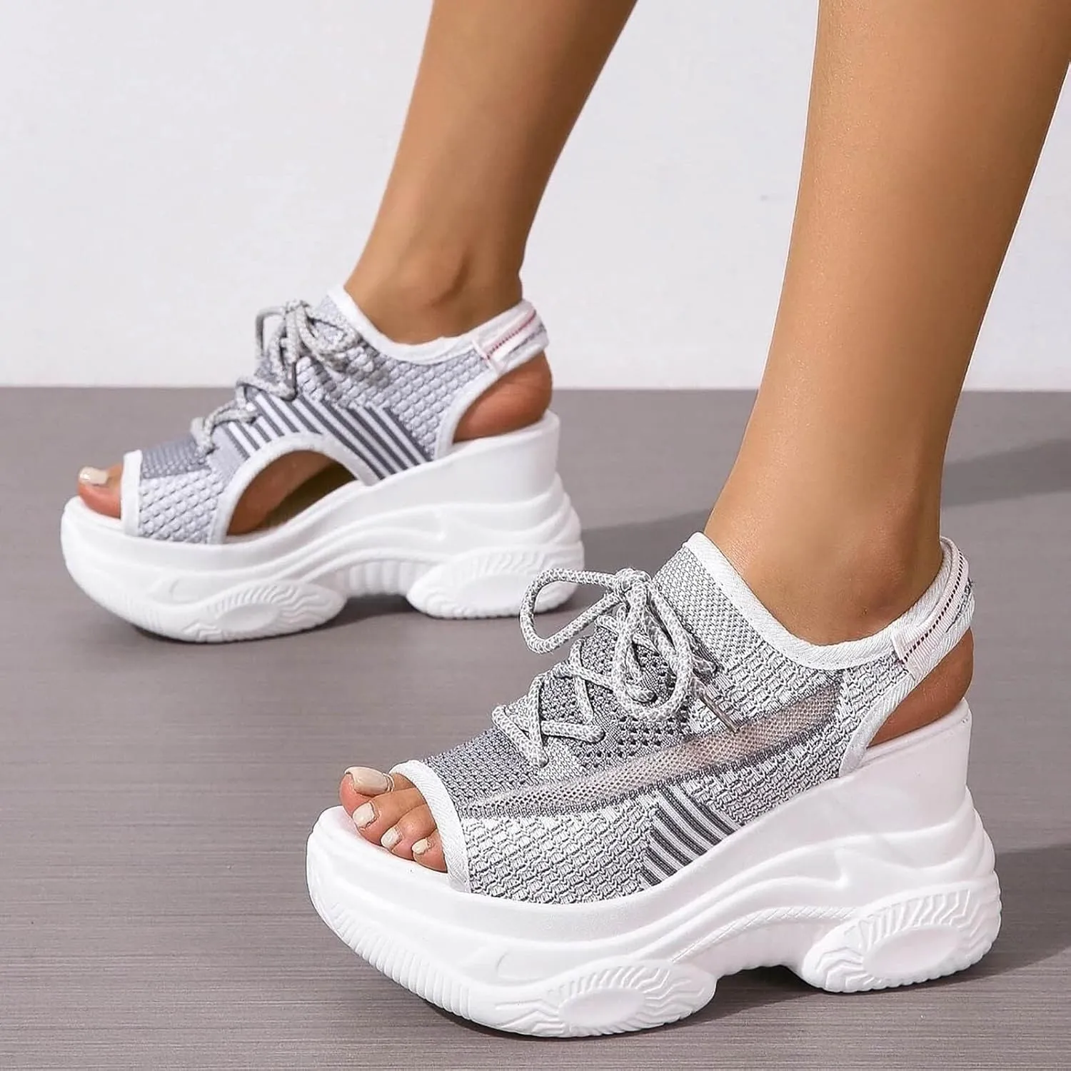 Paneled Cutout Lace-Up Muffin Sandals for Women Summer Peep Toe Platform Sandals Mesh Wedges Causal Comfy Sports Sandals