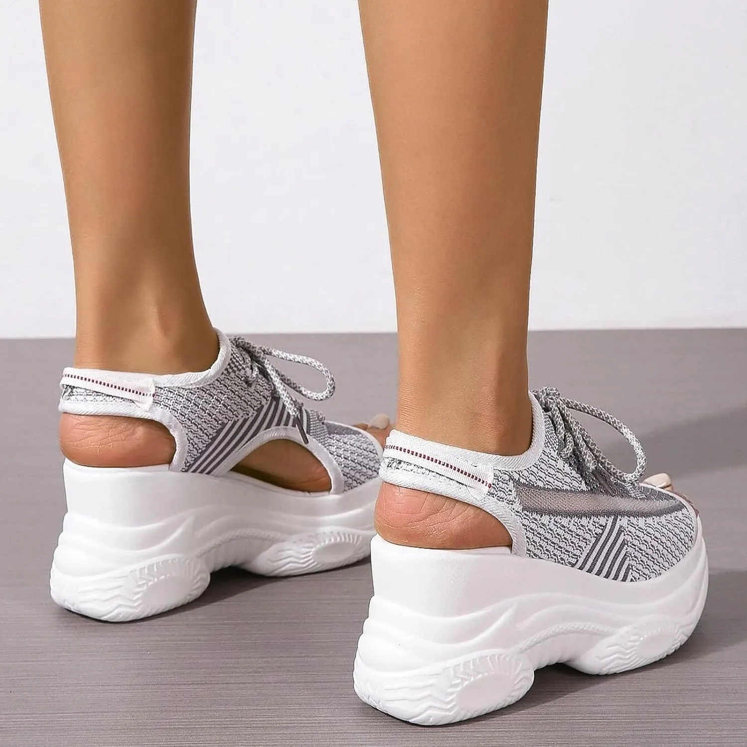 Paneled Cutout Lace-Up Muffin Sandals for Women Summer Peep Toe Platform Sandals Mesh Wedges Causal Comfy Sports Sandals