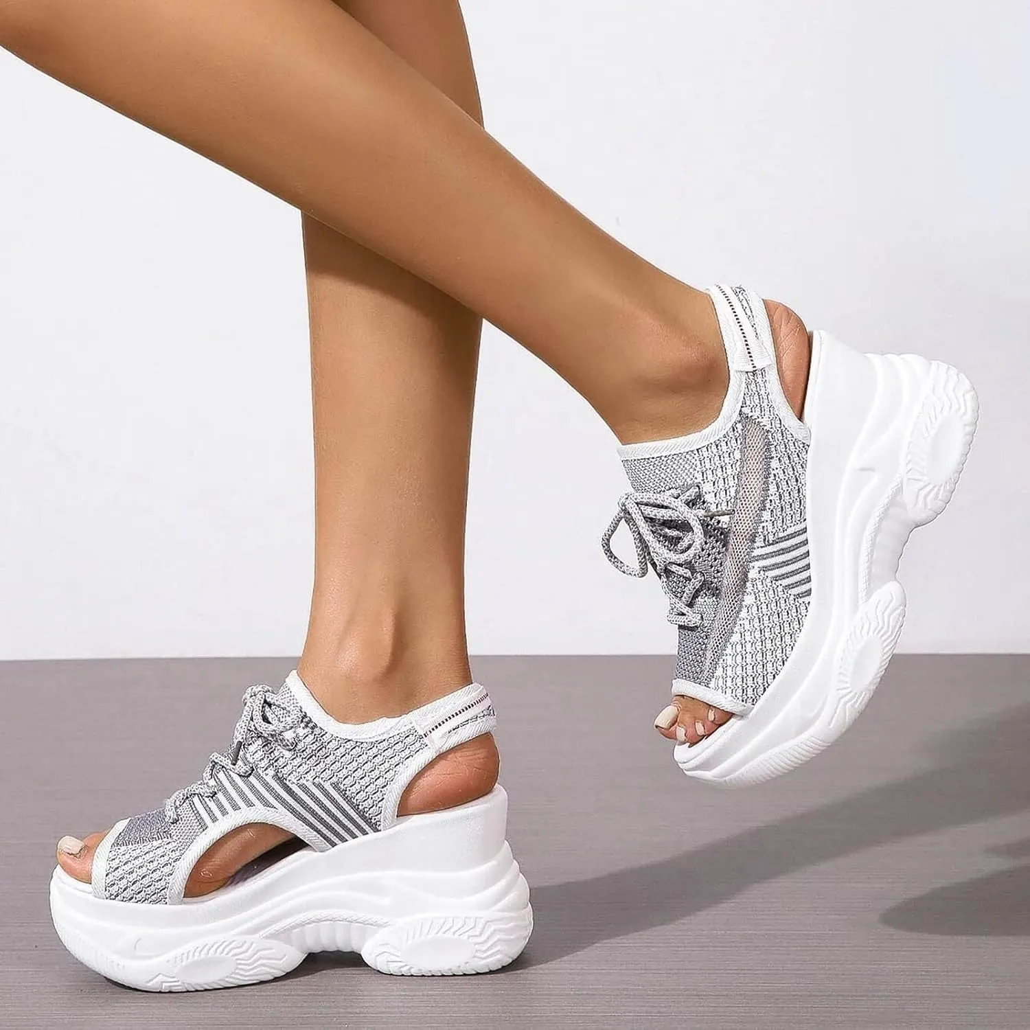 Paneled Cutout Lace-Up Muffin Sandals for Women Summer Peep Toe Platform Sandals Mesh Wedges Causal Comfy Sports Sandals