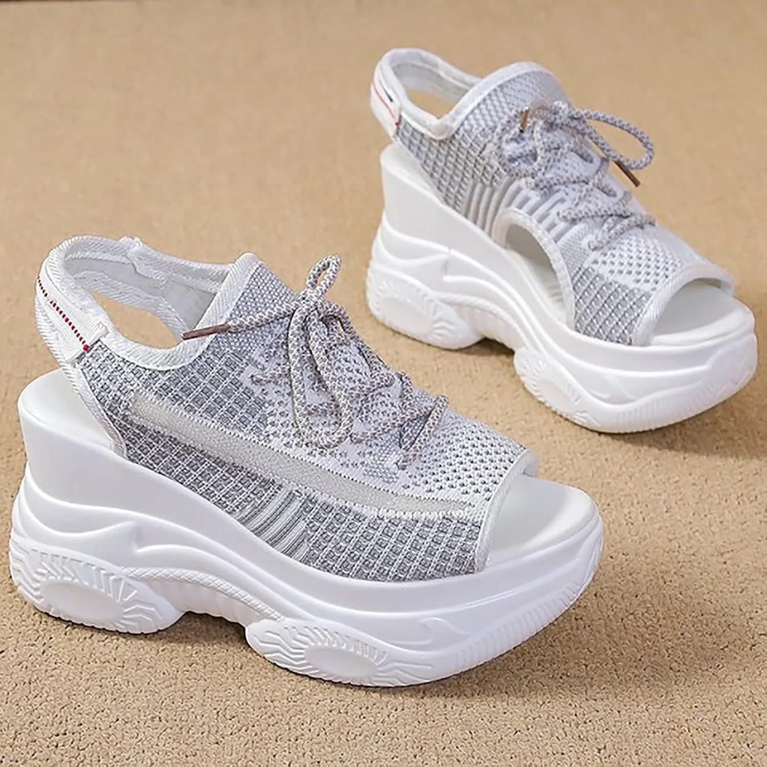 Paneled Cutout Lace-Up Muffin Sandals for Women Summer Peep Toe Platform Sandals Mesh Wedges Causal Comfy Sports Sandals