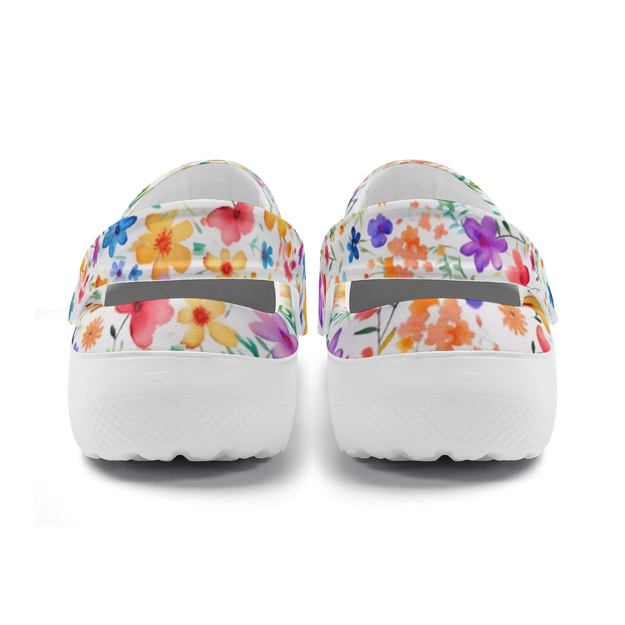 Petite Splendor: Tiny Watercolor Vibrant Flowers Casual Lightweight Slip On Nurse Style Clogs