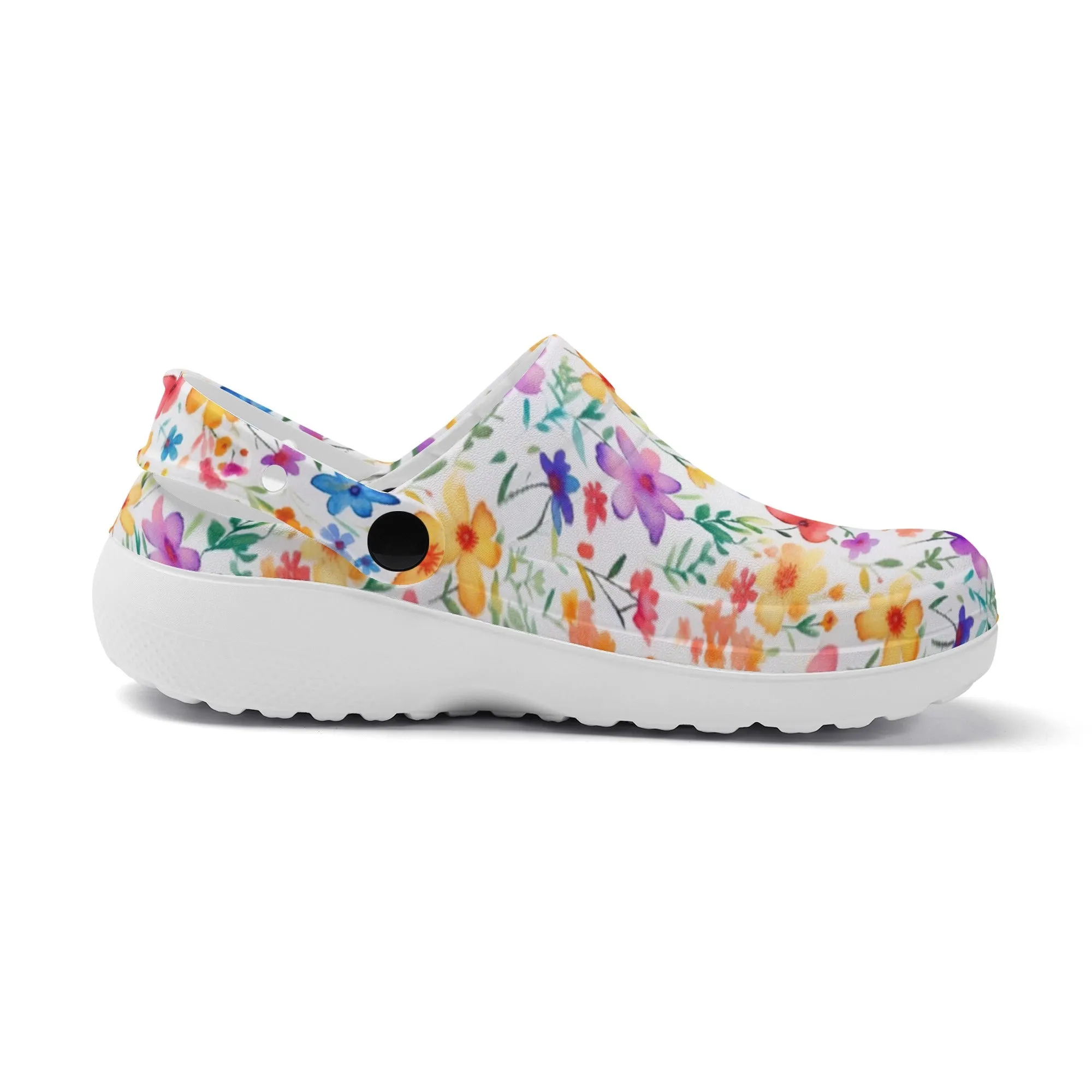 Petite Splendor: Tiny Watercolor Vibrant Flowers Casual Lightweight Slip On Nurse Style Clogs