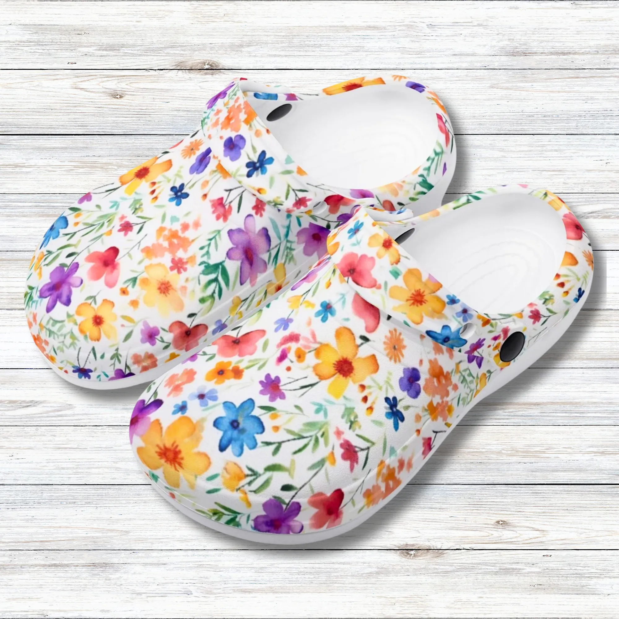 Petite Splendor: Tiny Watercolor Vibrant Flowers Casual Lightweight Slip On Nurse Style Clogs