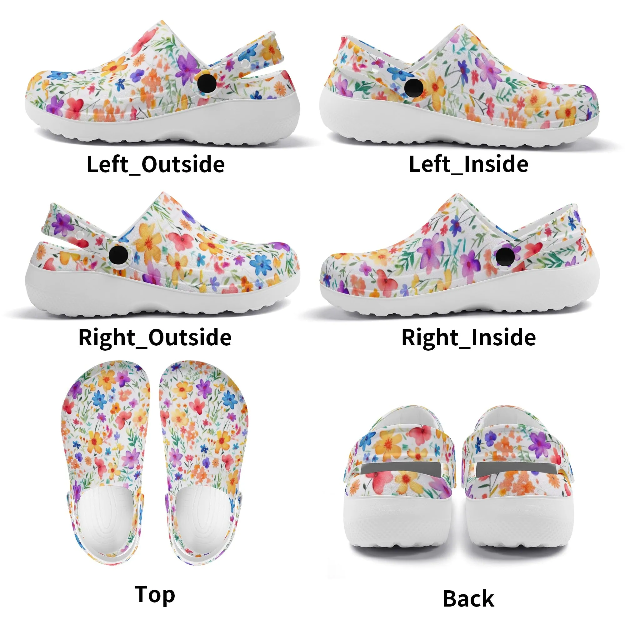 Petite Splendor: Tiny Watercolor Vibrant Flowers Casual Lightweight Slip On Nurse Style Clogs