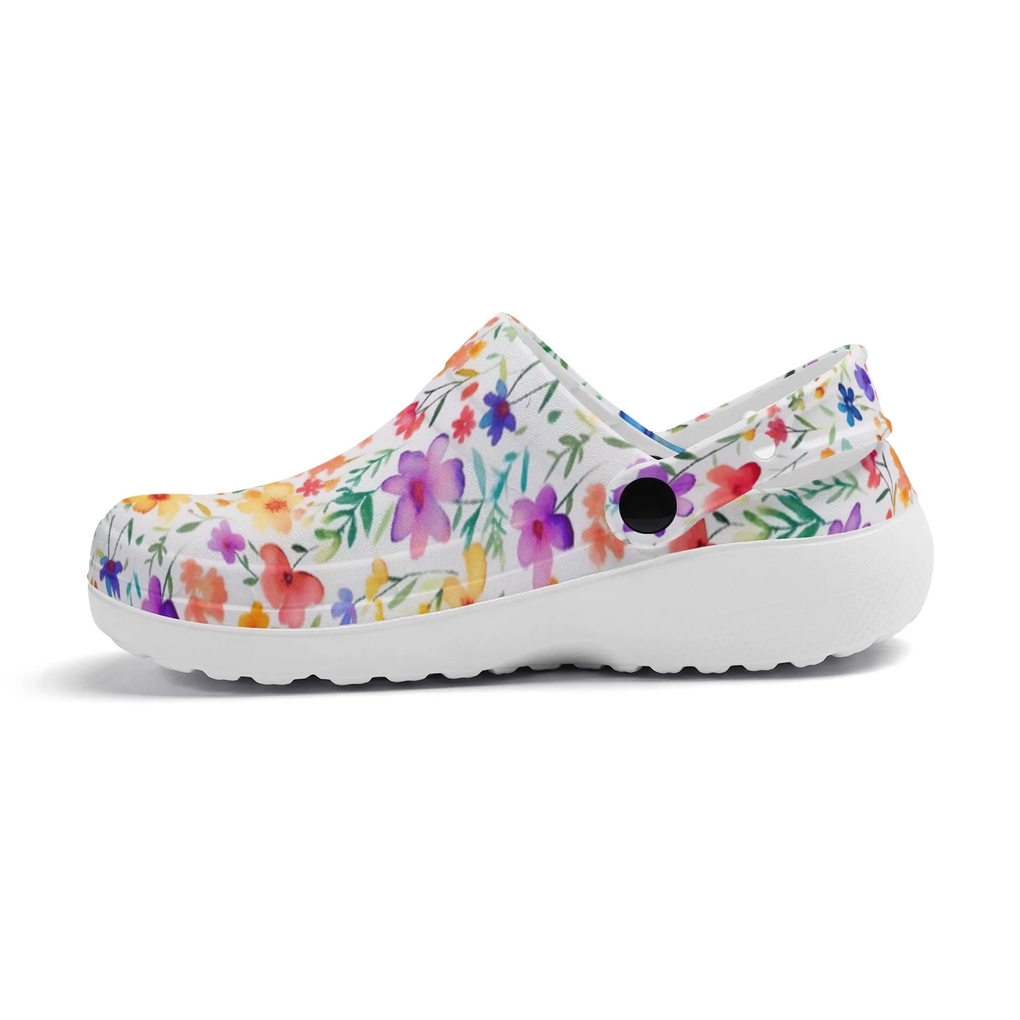 Petite Splendor: Tiny Watercolor Vibrant Flowers Casual Lightweight Slip On Nurse Style Clogs