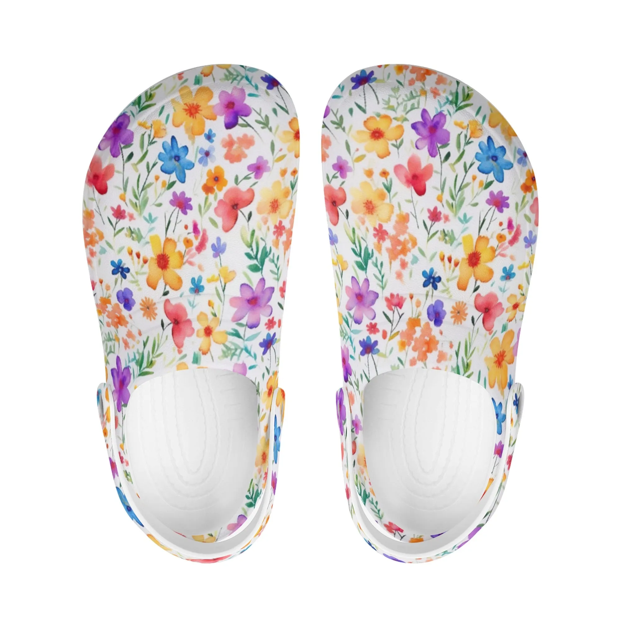 Petite Splendor: Tiny Watercolor Vibrant Flowers Casual Lightweight Slip On Nurse Style Clogs