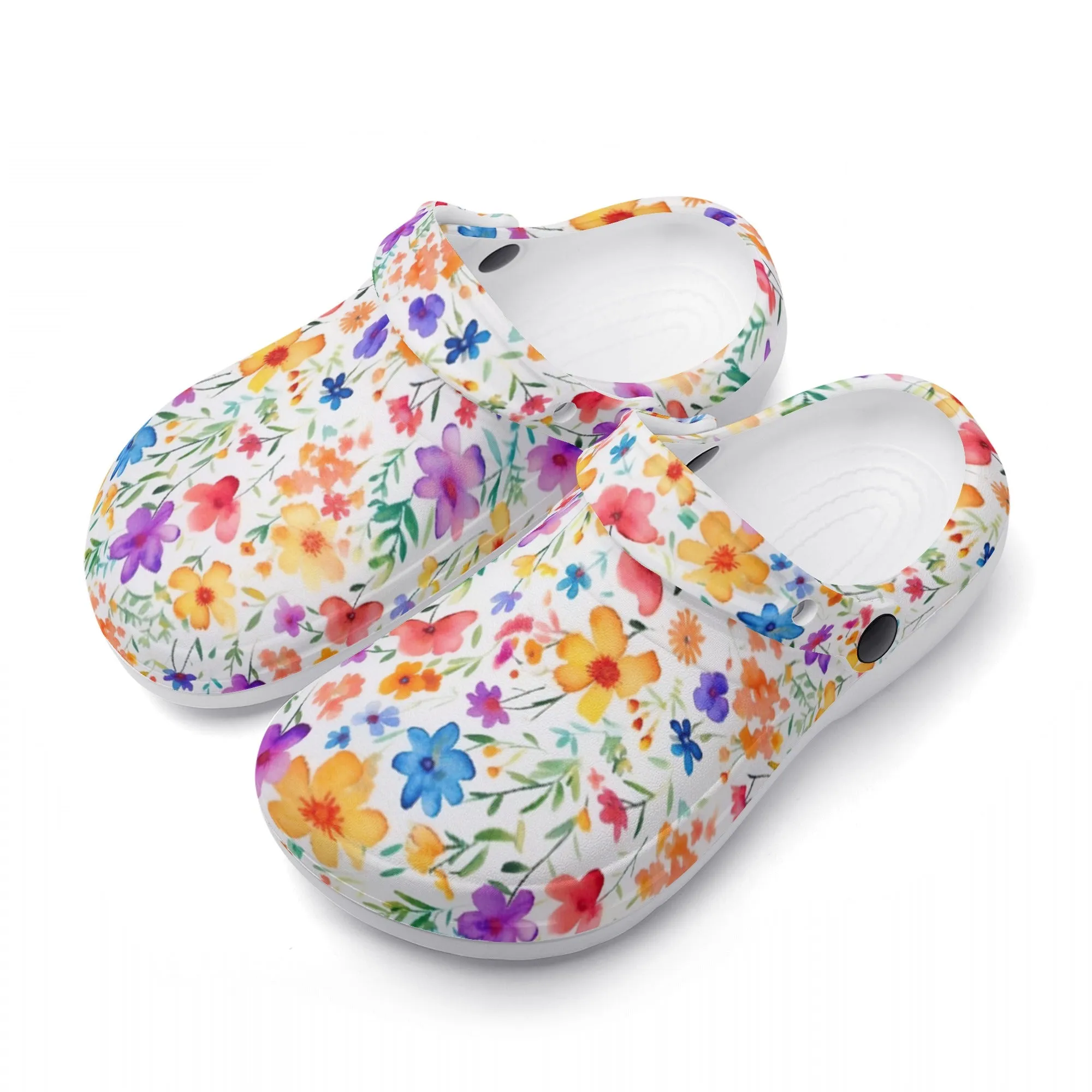 Petite Splendor: Tiny Watercolor Vibrant Flowers Casual Lightweight Slip On Nurse Style Clogs