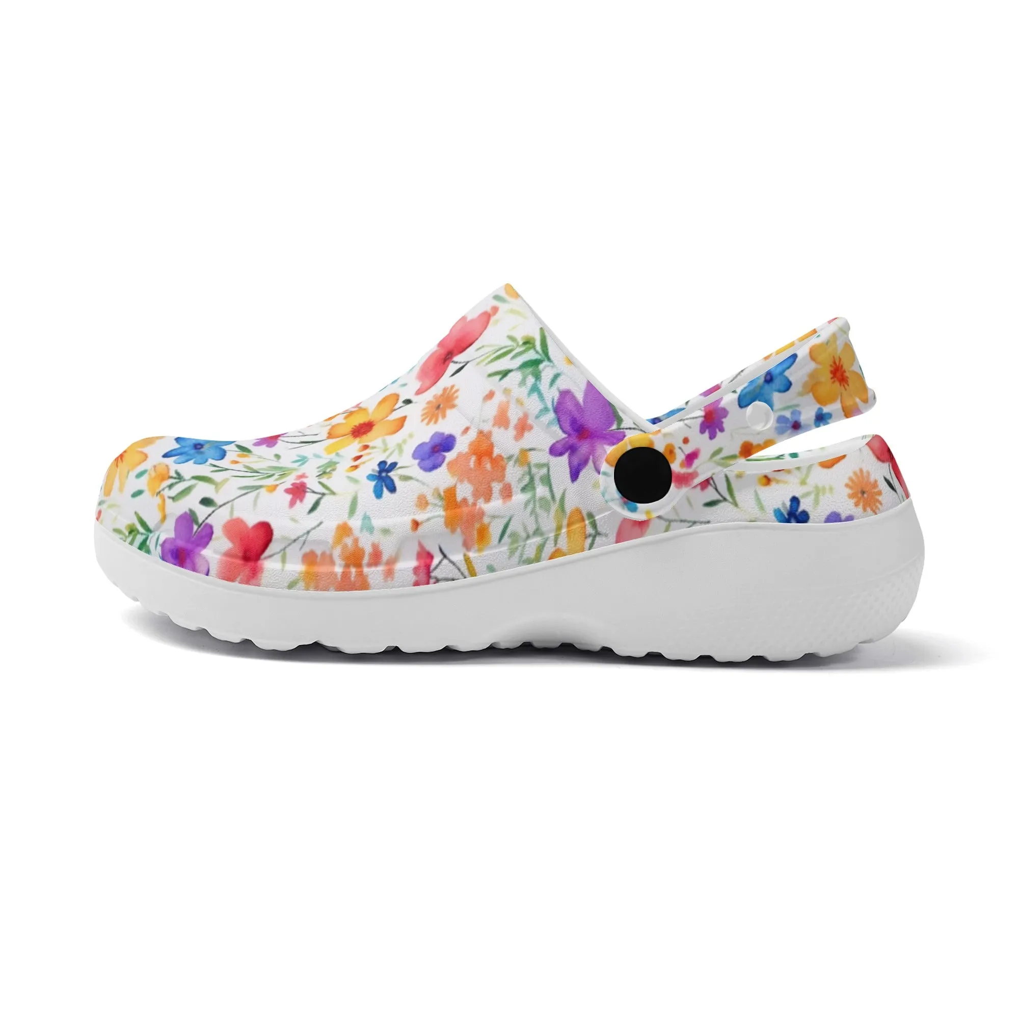Petite Splendor: Tiny Watercolor Vibrant Flowers Casual Lightweight Slip On Nurse Style Clogs
