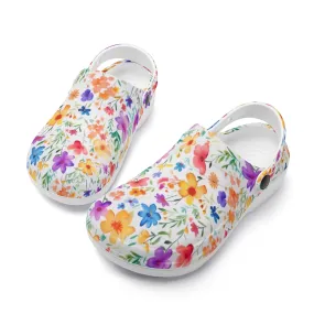 Petite Splendor: Tiny Watercolor Vibrant Flowers Casual Lightweight Slip On Nurse Style Clogs