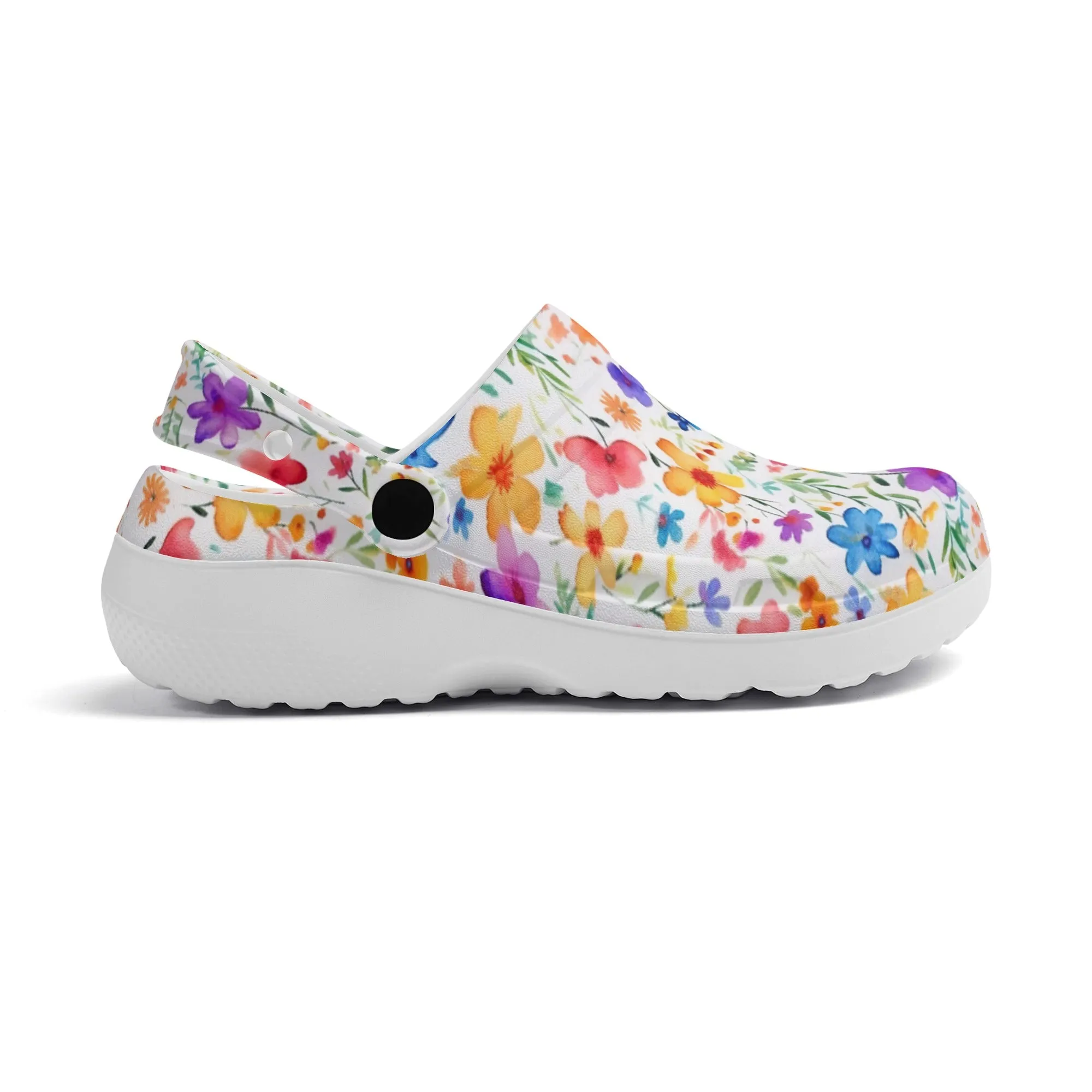 Petite Splendor: Tiny Watercolor Vibrant Flowers Casual Lightweight Slip On Nurse Style Clogs