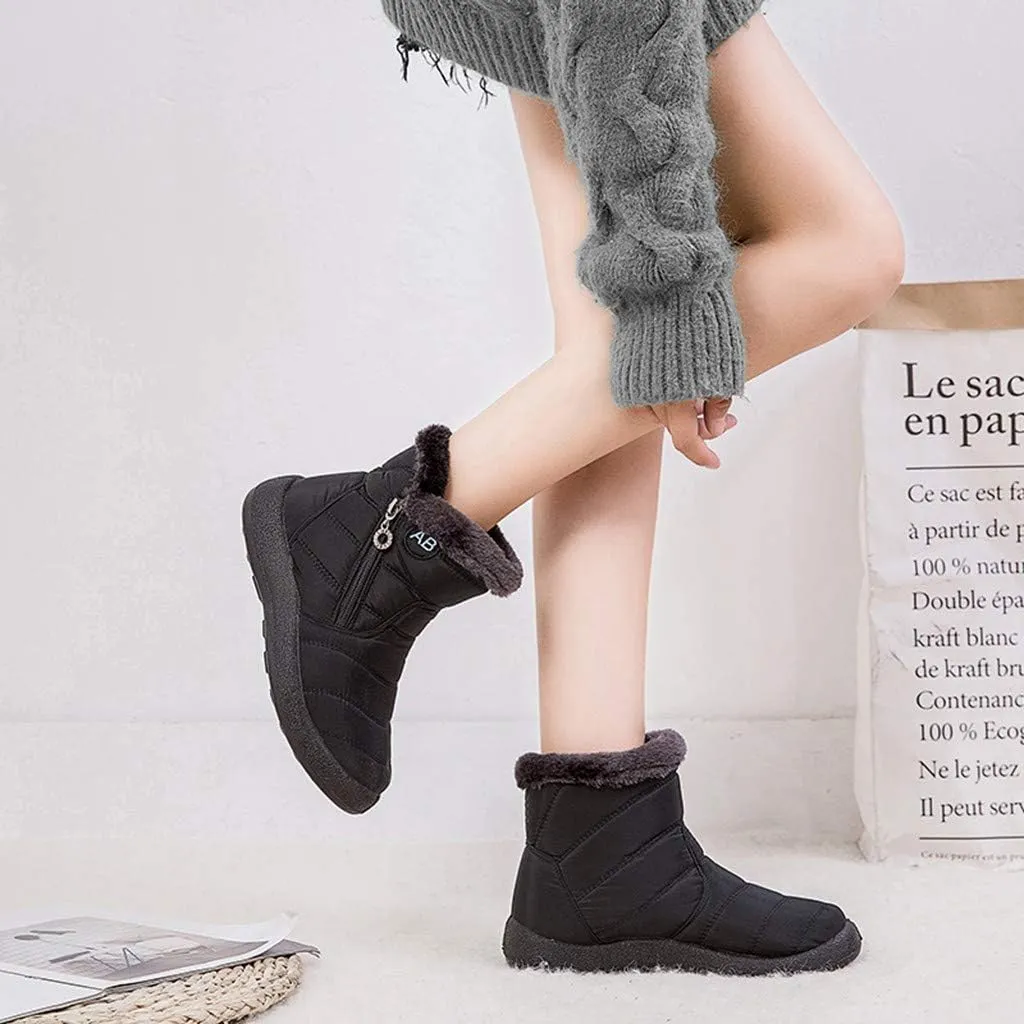 Snow Boots Womens Winter Ankle Boots Ladies Warm Fleece Lined Boots Zip Flat Sneakers Outdoor Boots Mid-Calf