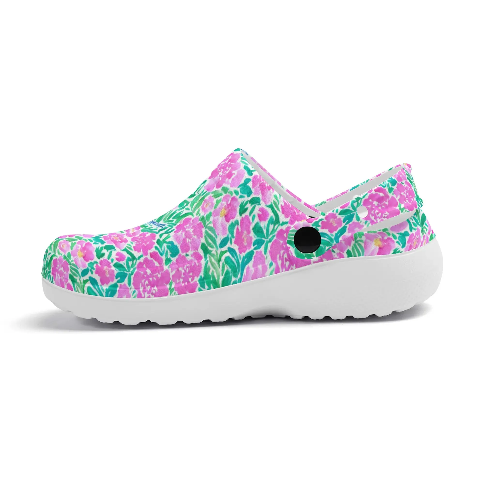 Springtime Whispers: Tiny Birds and Pink Blooms, Subtle Blue Accents, and Lush Green Leaves Casual Lightweight Slip On Nurse Style Clogs