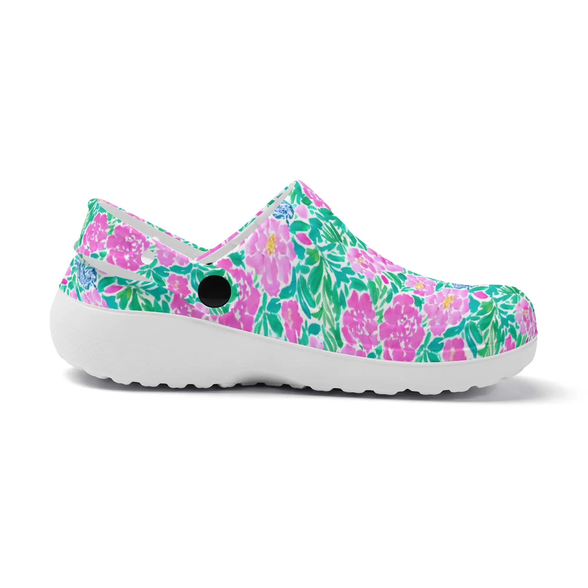 Springtime Whispers: Tiny Birds and Pink Blooms, Subtle Blue Accents, and Lush Green Leaves Casual Lightweight Slip On Nurse Style Clogs