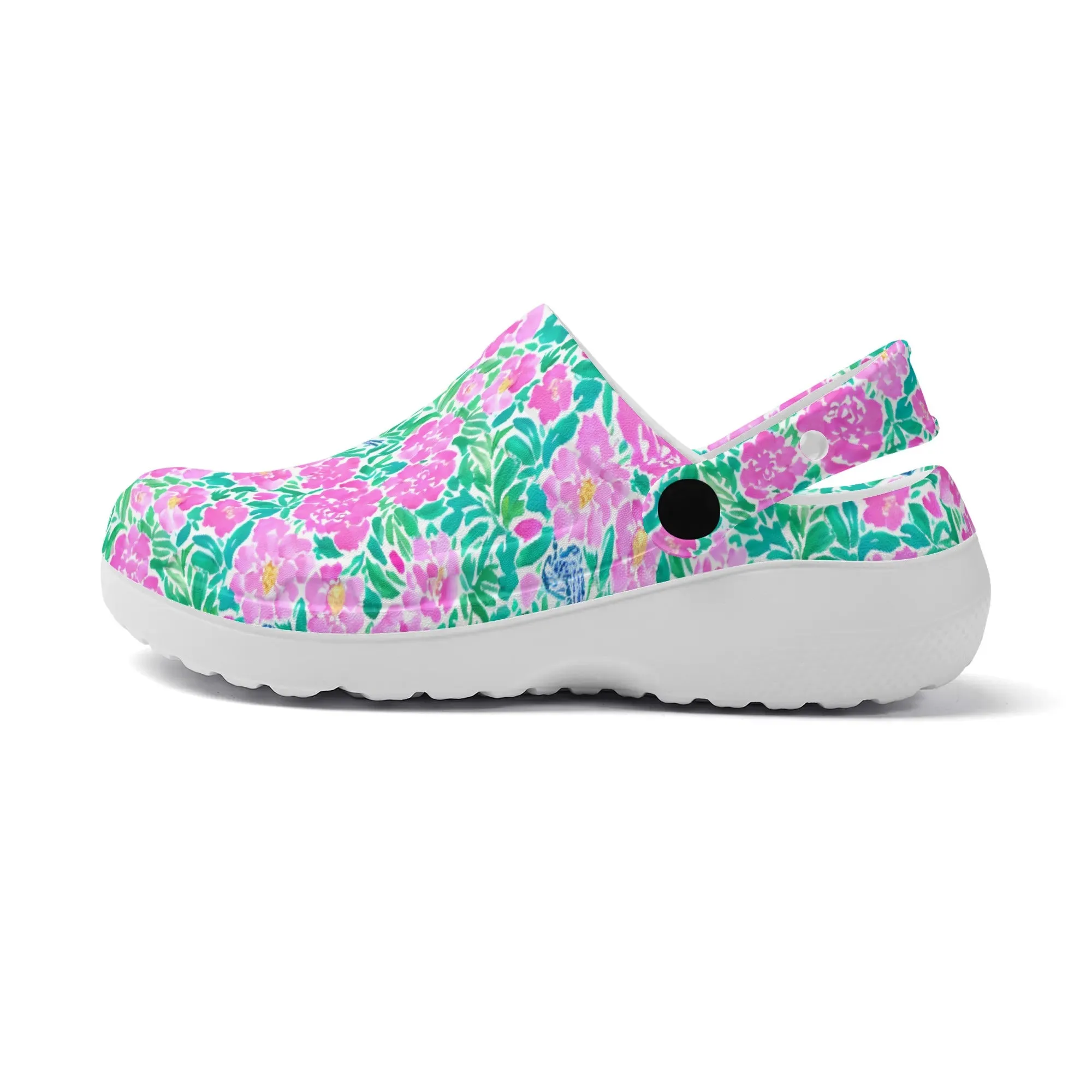 Springtime Whispers: Tiny Birds and Pink Blooms, Subtle Blue Accents, and Lush Green Leaves Casual Lightweight Slip On Nurse Style Clogs