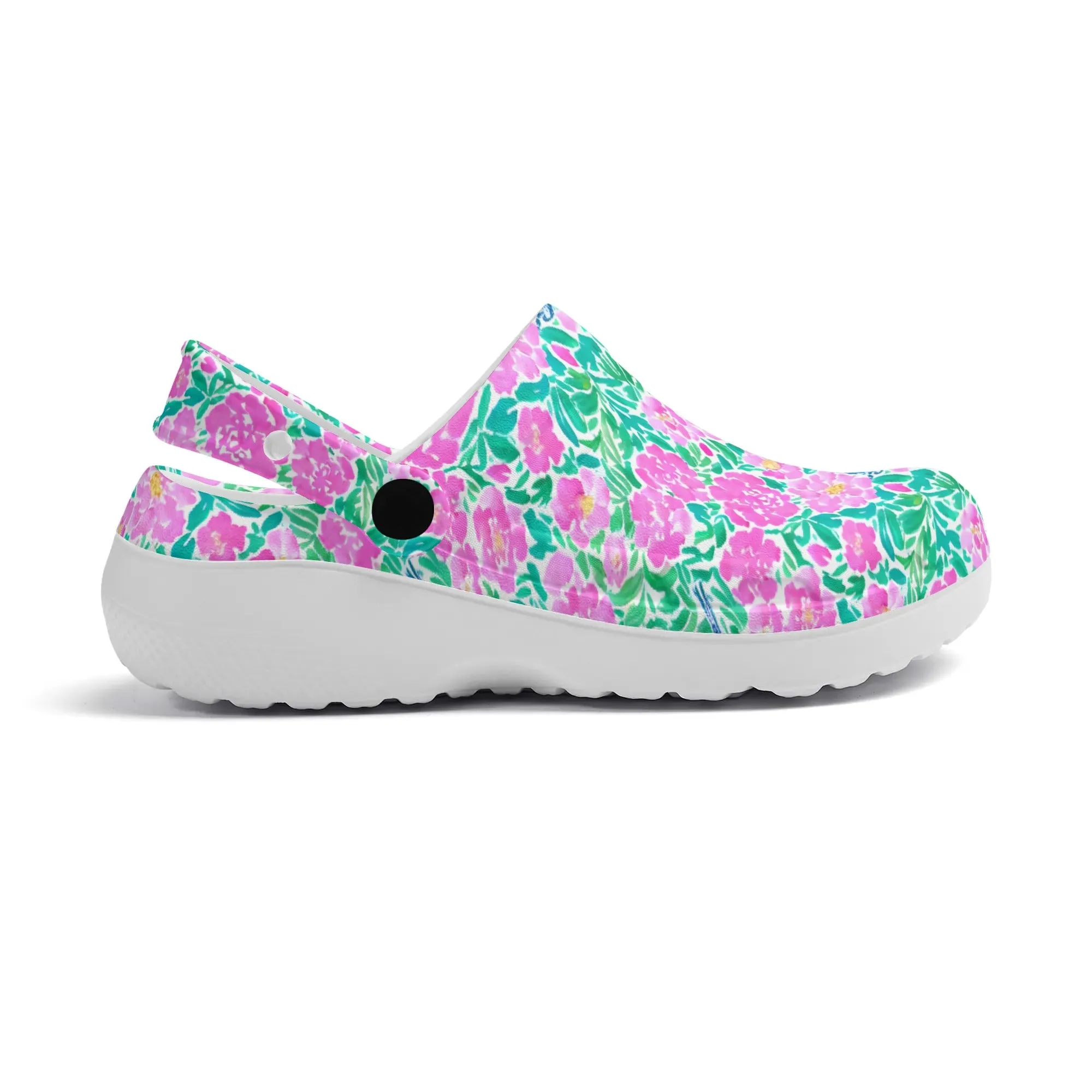 Springtime Whispers: Tiny Birds and Pink Blooms, Subtle Blue Accents, and Lush Green Leaves Casual Lightweight Slip On Nurse Style Clogs