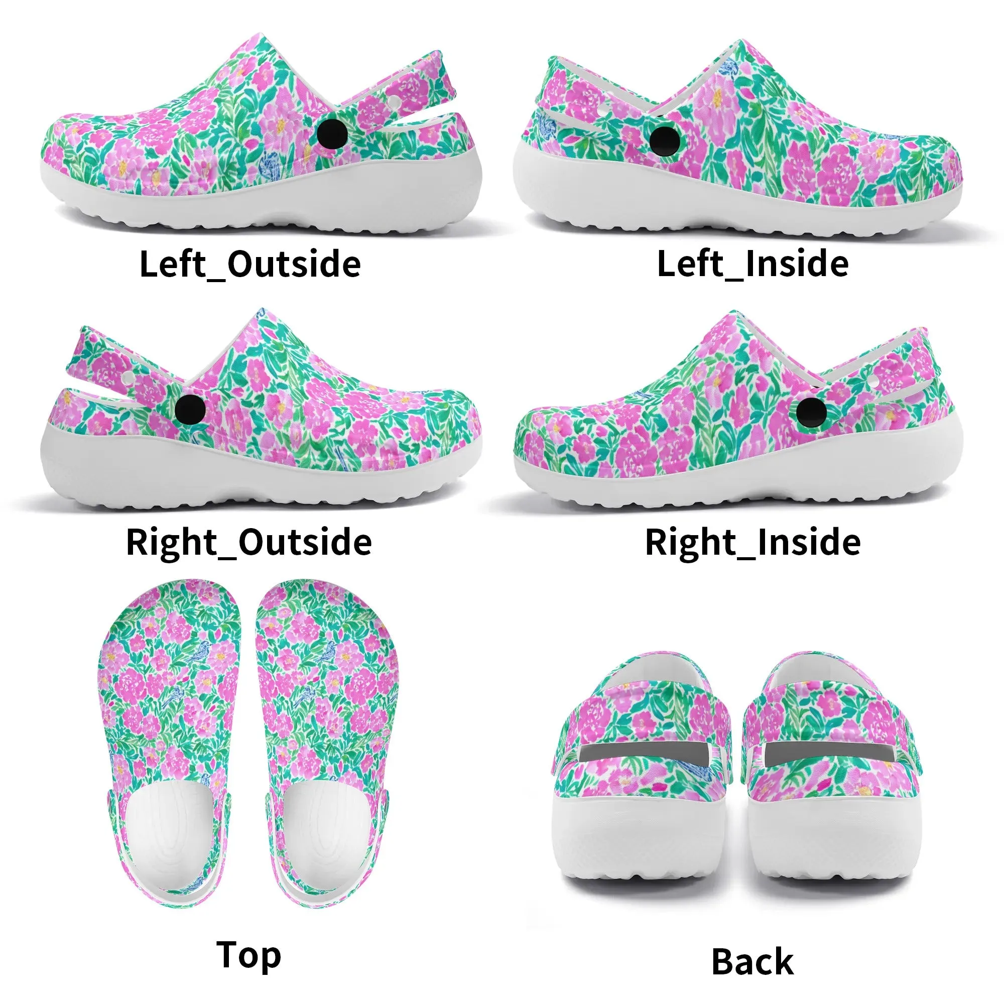 Springtime Whispers: Tiny Birds and Pink Blooms, Subtle Blue Accents, and Lush Green Leaves Casual Lightweight Slip On Nurse Style Clogs