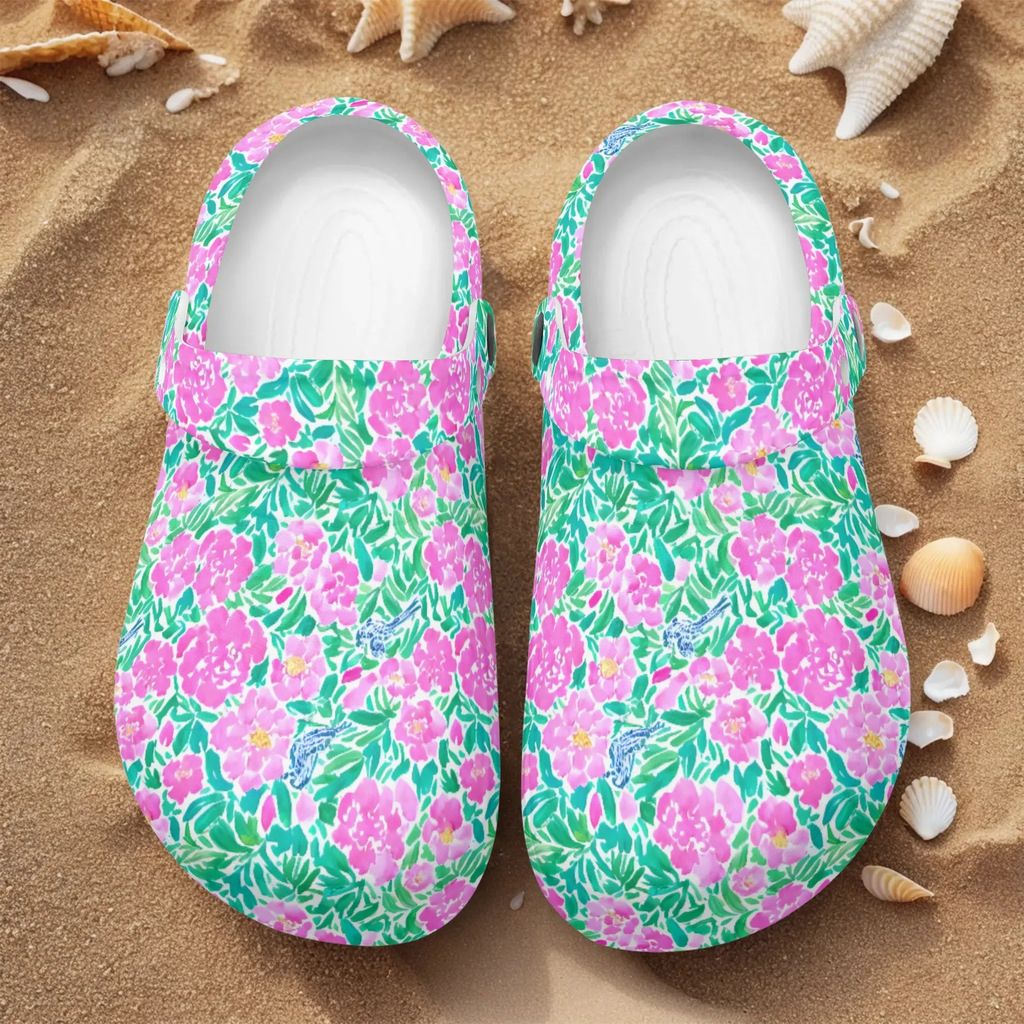 Springtime Whispers: Tiny Birds and Pink Blooms, Subtle Blue Accents, and Lush Green Leaves Casual Lightweight Slip On Nurse Style Clogs