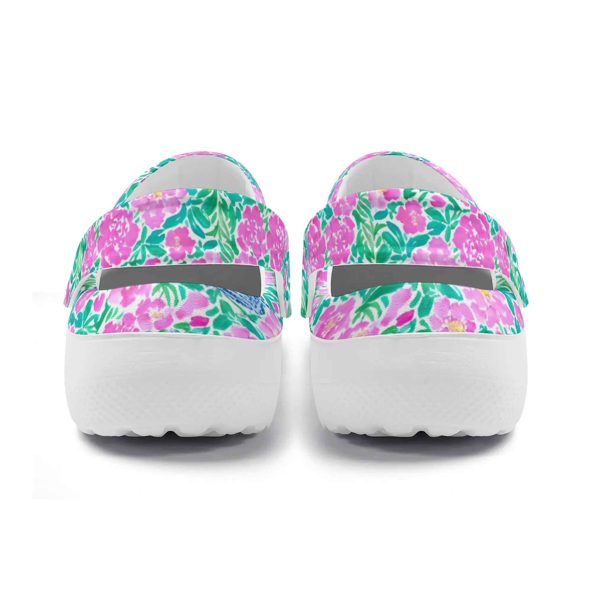 Springtime Whispers: Tiny Birds and Pink Blooms, Subtle Blue Accents, and Lush Green Leaves Casual Lightweight Slip On Nurse Style Clogs