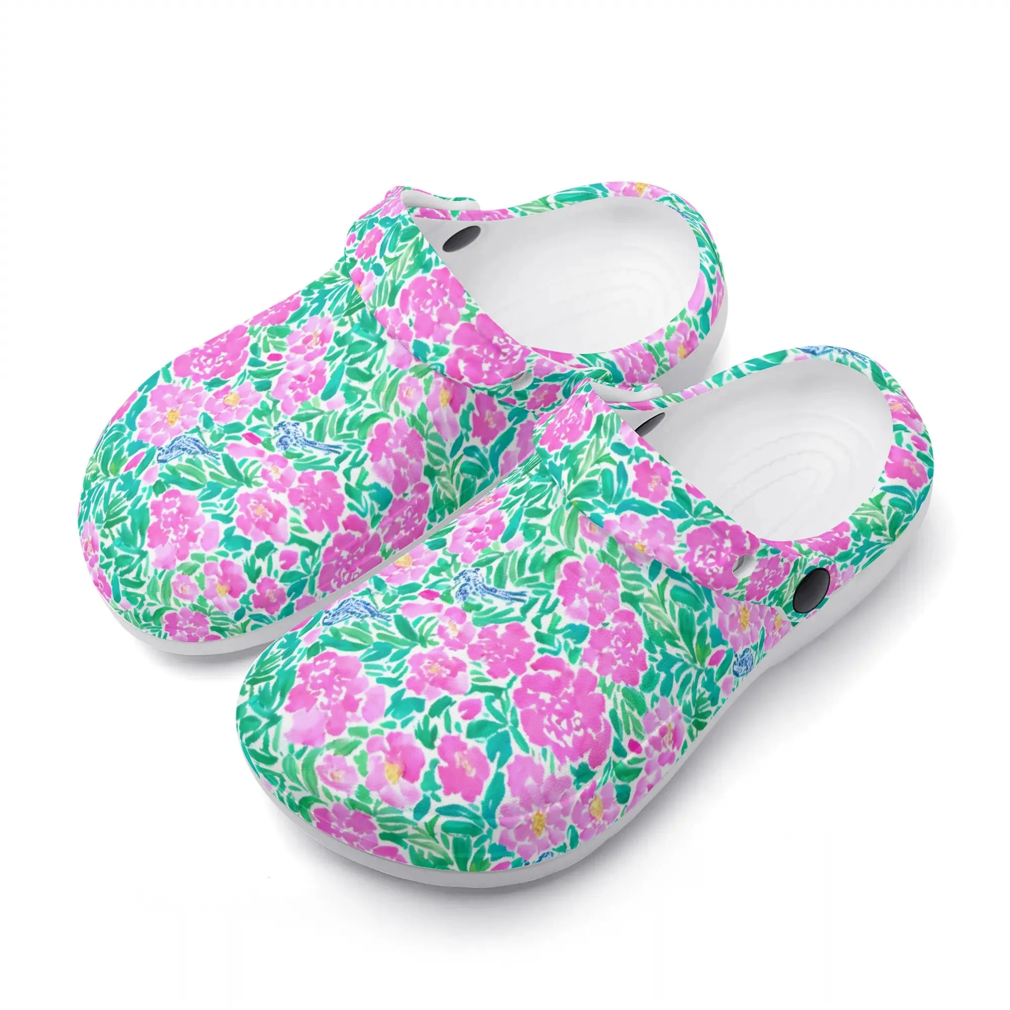 Springtime Whispers: Tiny Birds and Pink Blooms, Subtle Blue Accents, and Lush Green Leaves Casual Lightweight Slip On Nurse Style Clogs