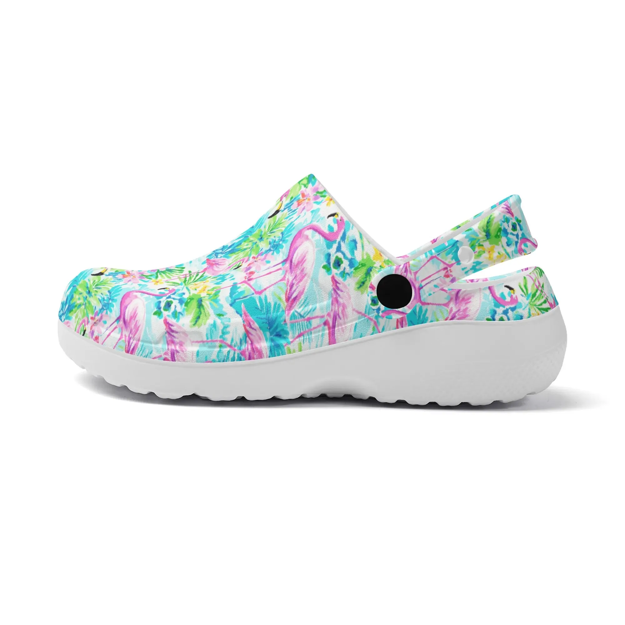 Tropical Flamingo Haven: Surrounded by Flowers and Palm Trees Casual Lightweight Slip On Nurse Style Clogs