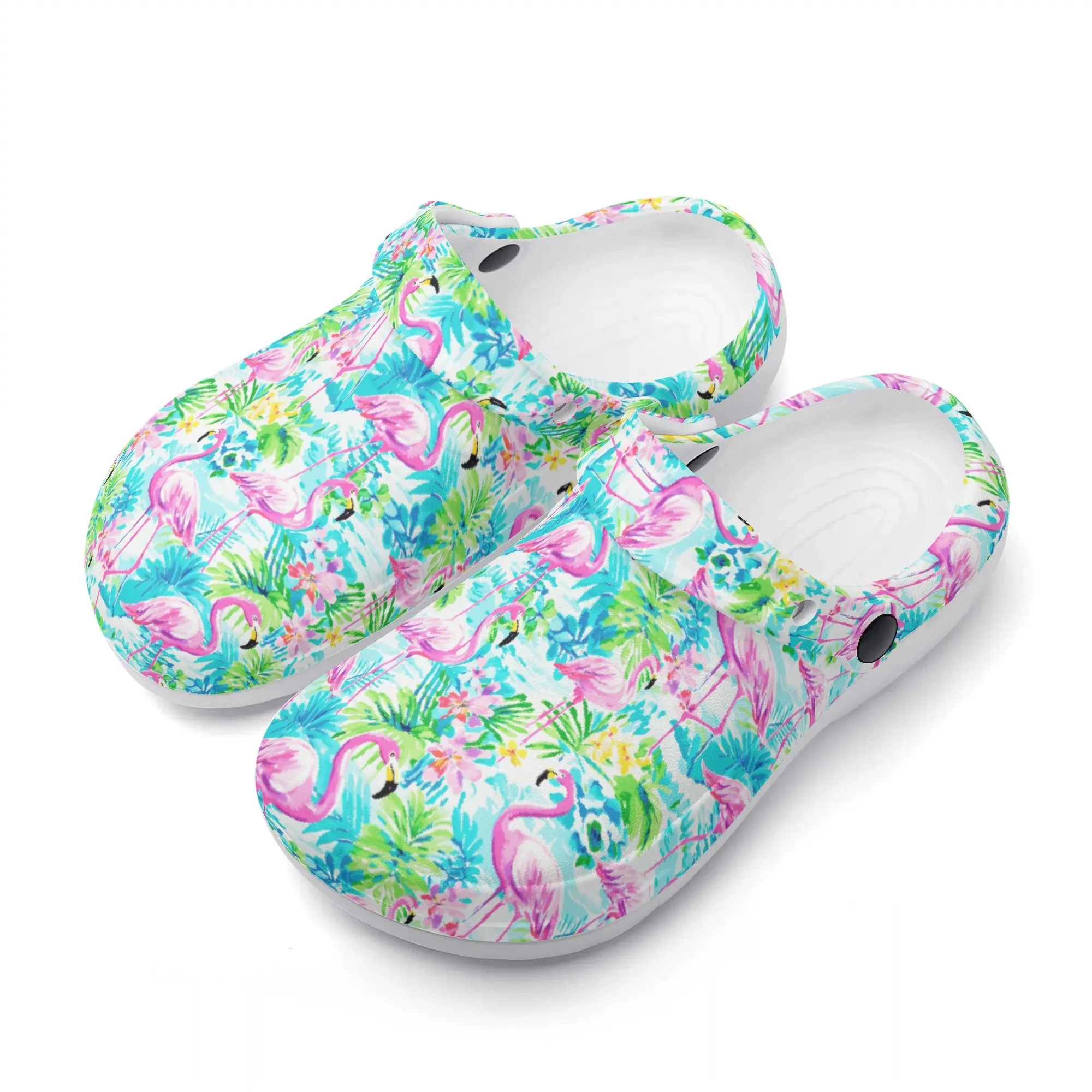 Tropical Flamingo Haven: Surrounded by Flowers and Palm Trees Casual Lightweight Slip On Nurse Style Clogs