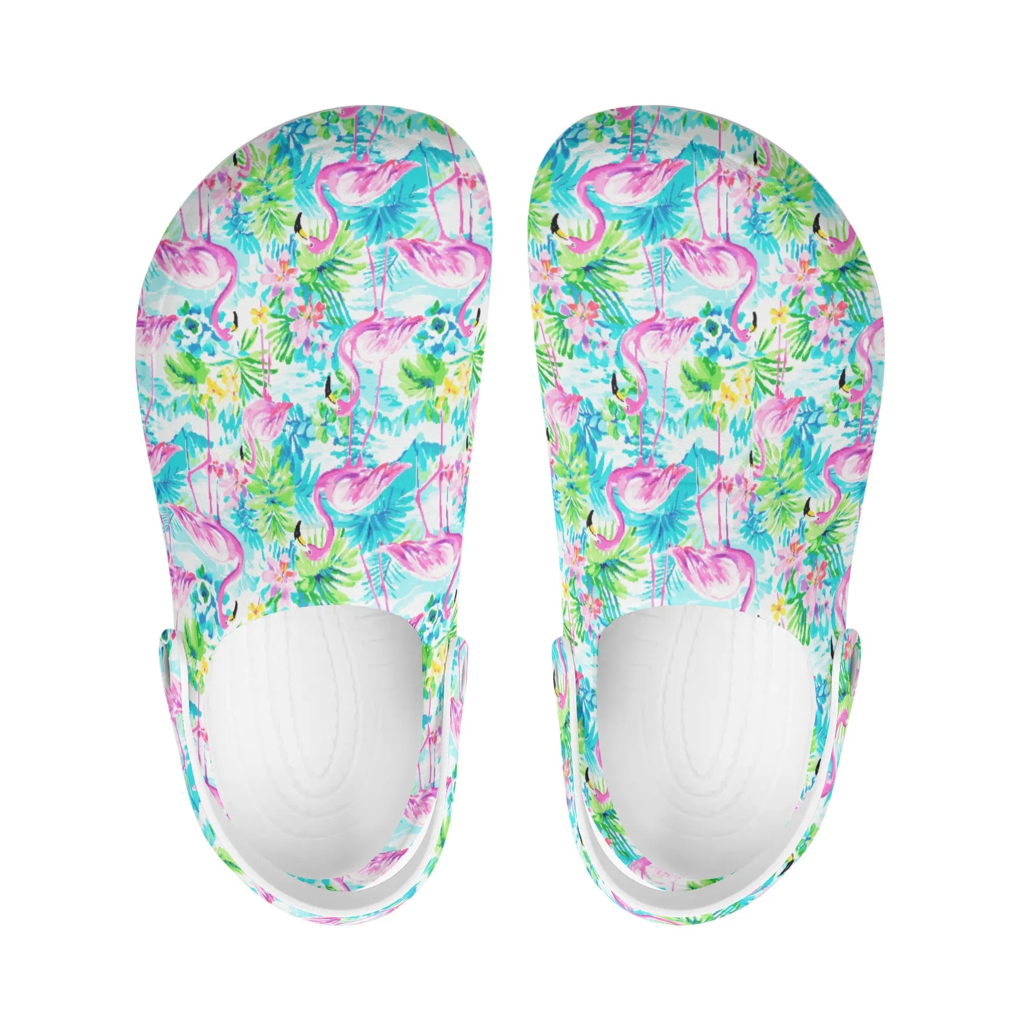 Tropical Flamingo Haven: Surrounded by Flowers and Palm Trees Casual Lightweight Slip On Nurse Style Clogs